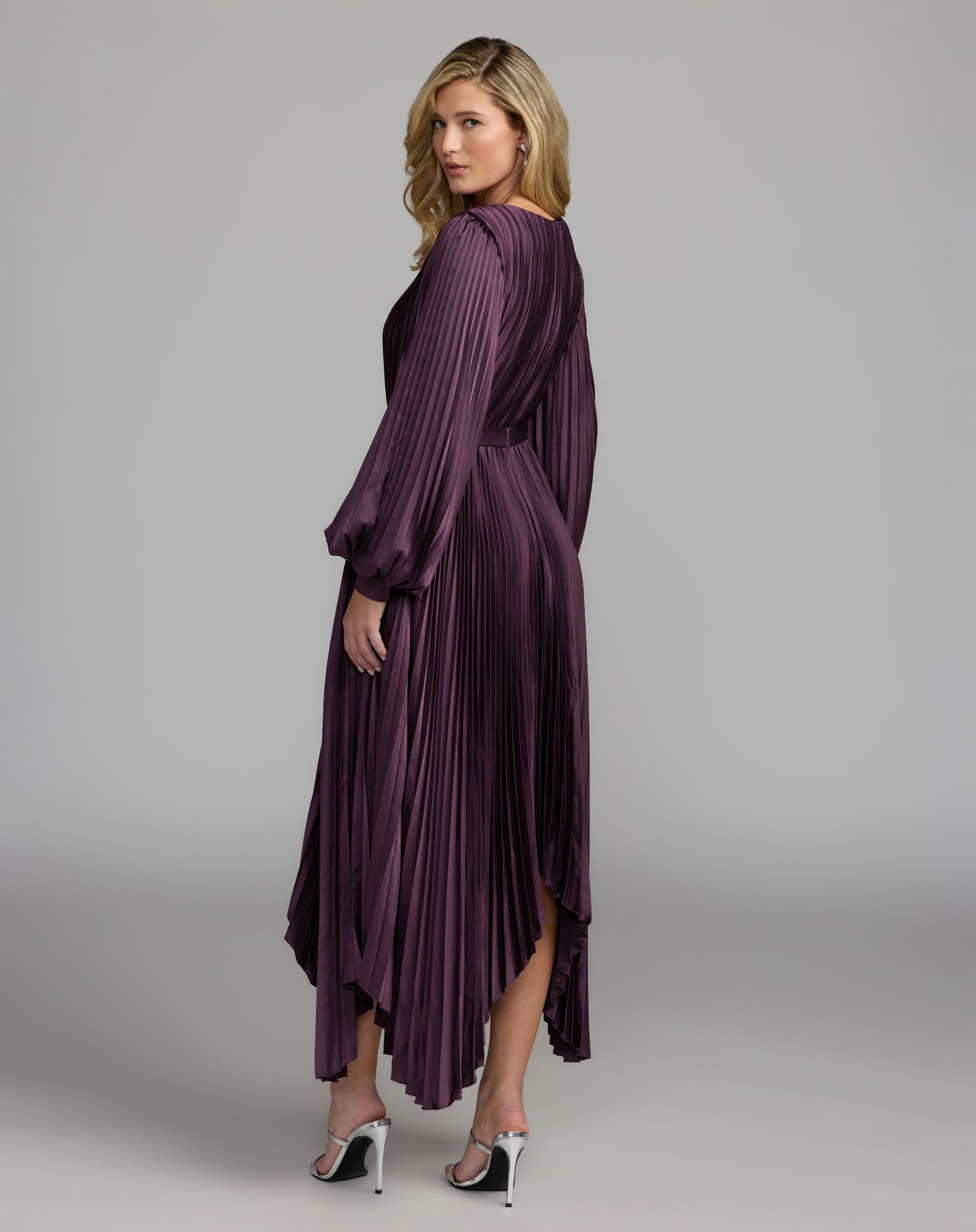 Purple Long Sleeve Pleated Charmeuse Handkerchief Dress - Ieena for Mac Duggal