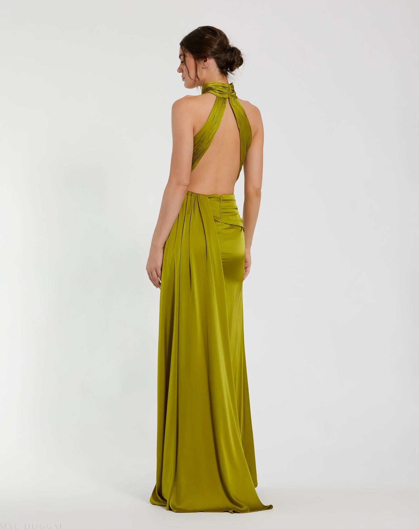 Dark Green Open Back High Neck Side Ruched Gown - Mac Duggal
