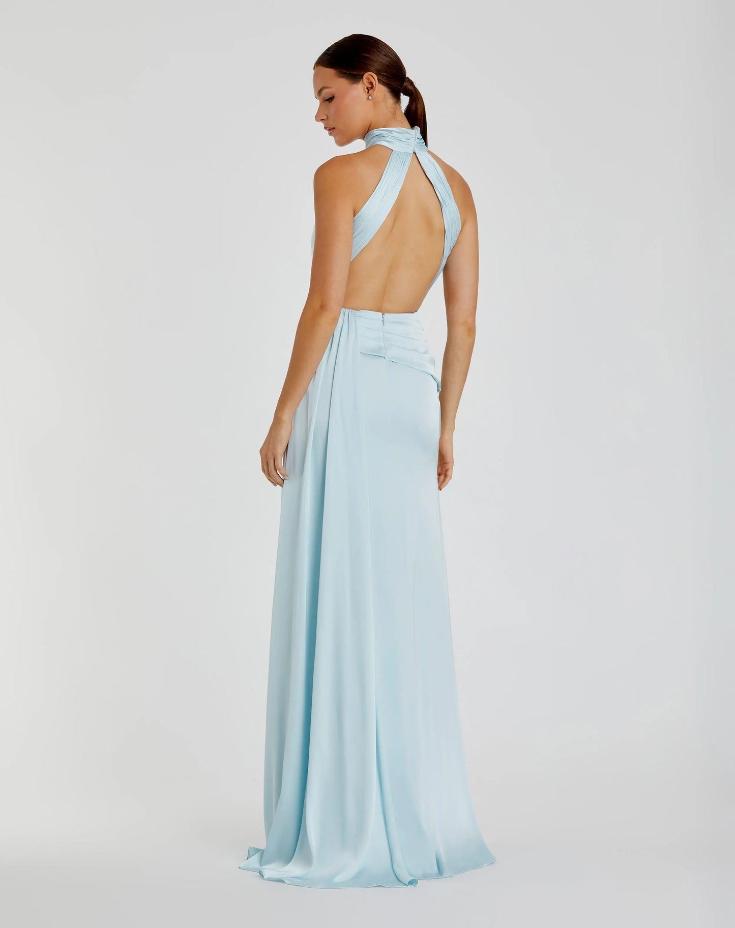 Light Blue Open Back High Neck Side Ruched Gown - Ieena for Mac Duggal