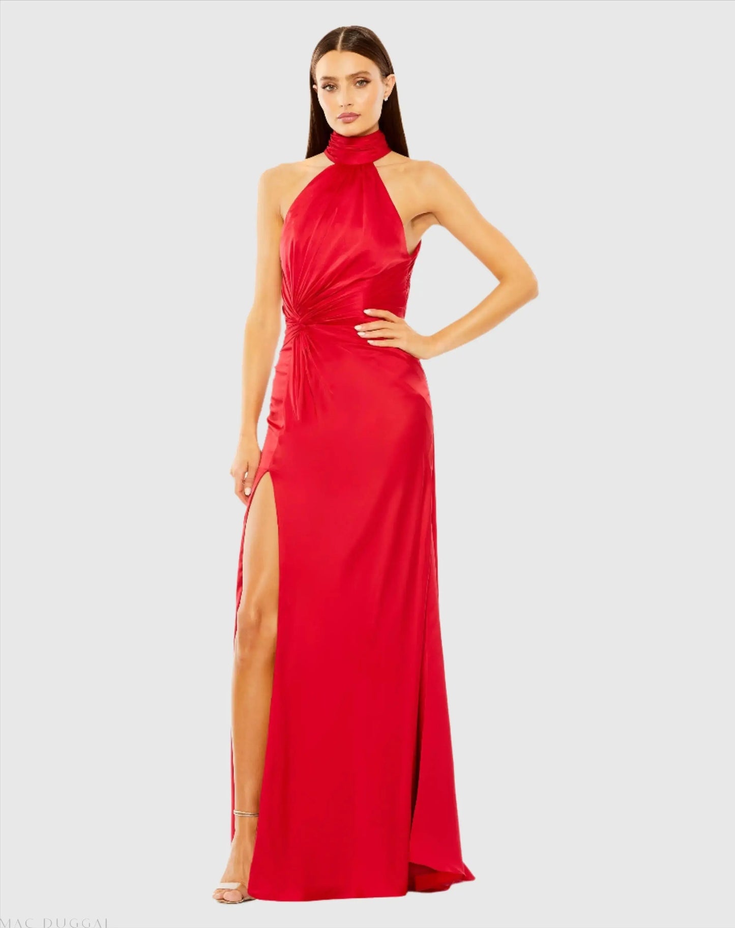Red Open Back High Neck Side Ruched Gown - Ieena for Mac Duggal