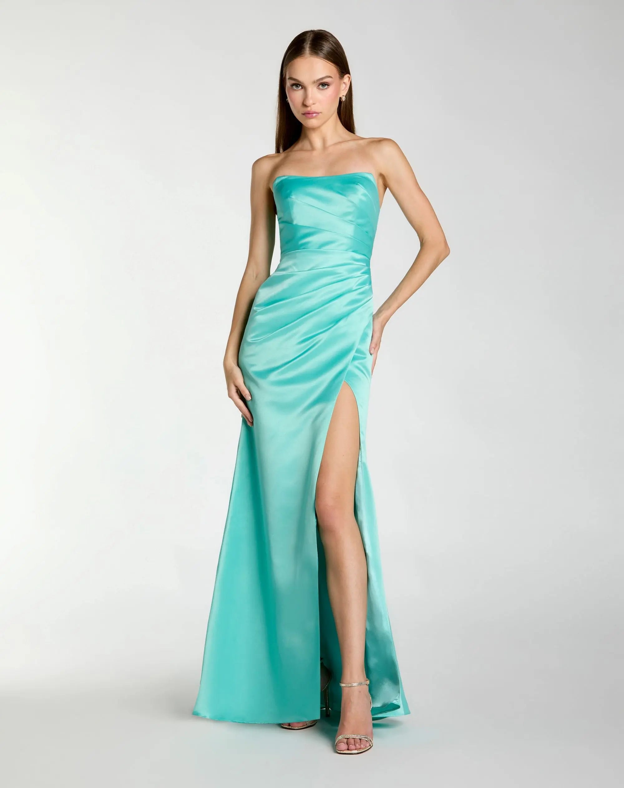 Blue Strapless Satin Gown With Slit | Mac Duggal Blue Strapless Satin Gown With Slit | Mac Duggal