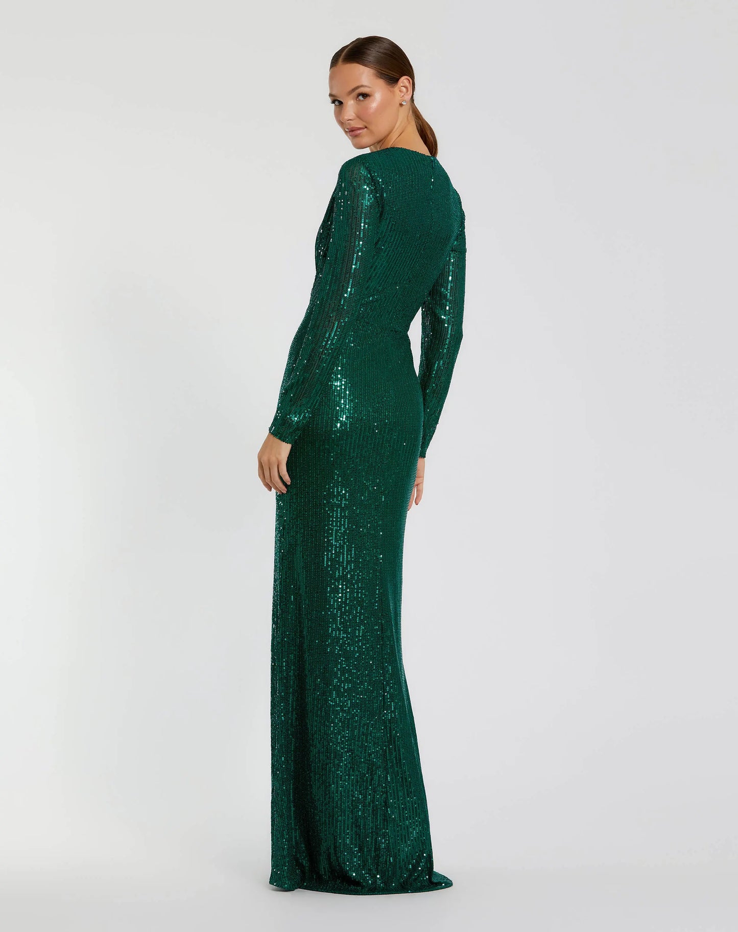 Green Sequined Long Sleeve Side Knot Gown - Mac Duggal