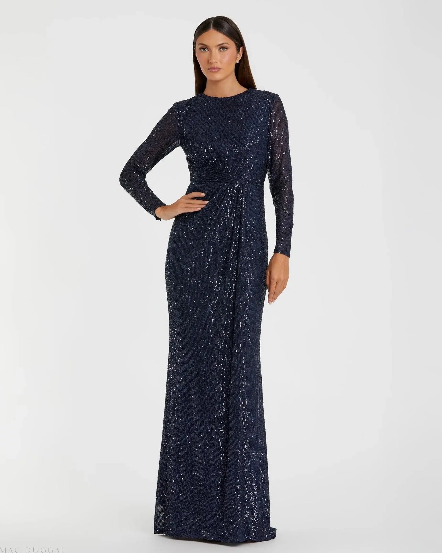 Navy Sequined Long Sleeve Side Knot Gown - Mac Duggal
