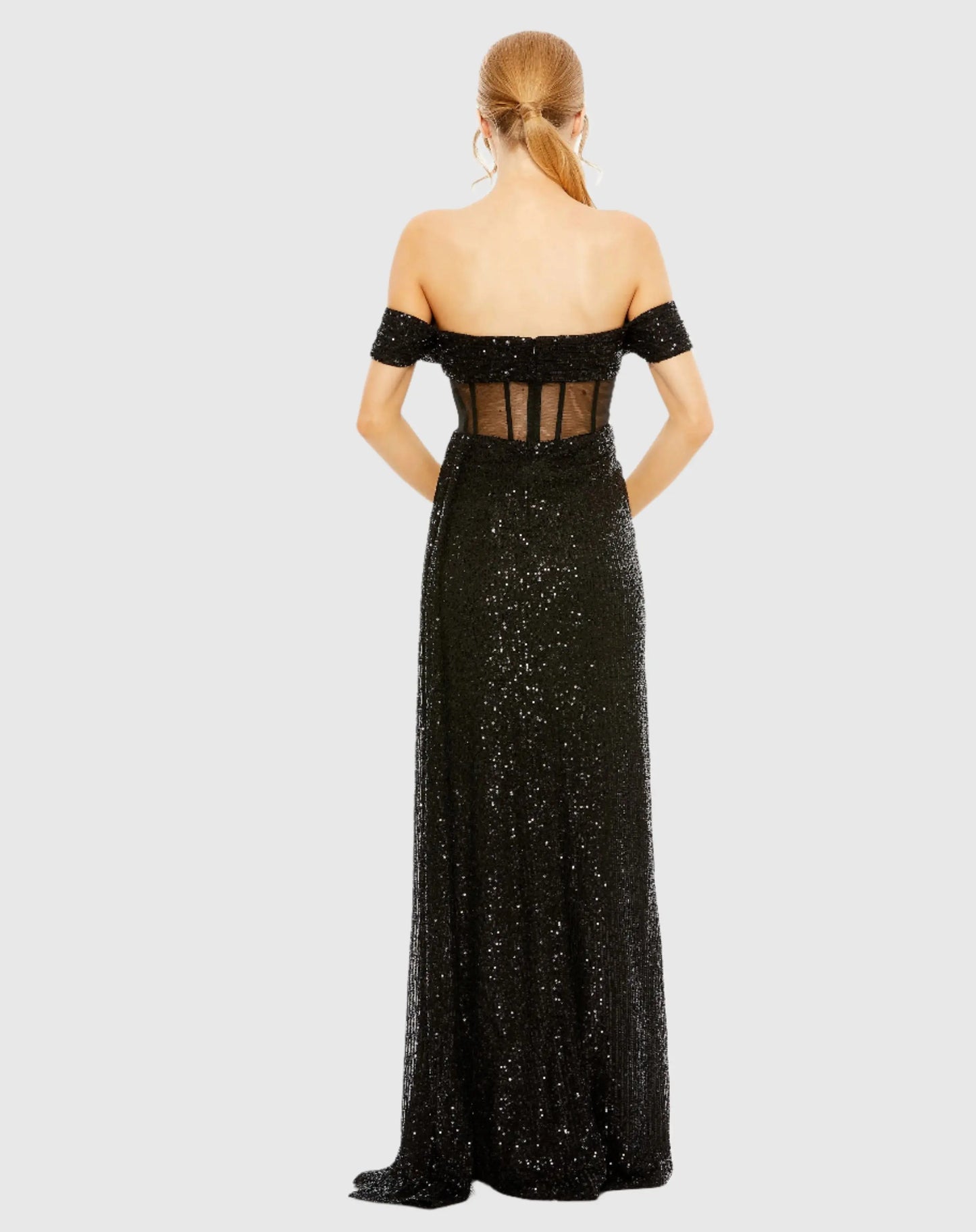Black Sequined Gown with Sheer Corset Waist and Slit - Mac Duggal
