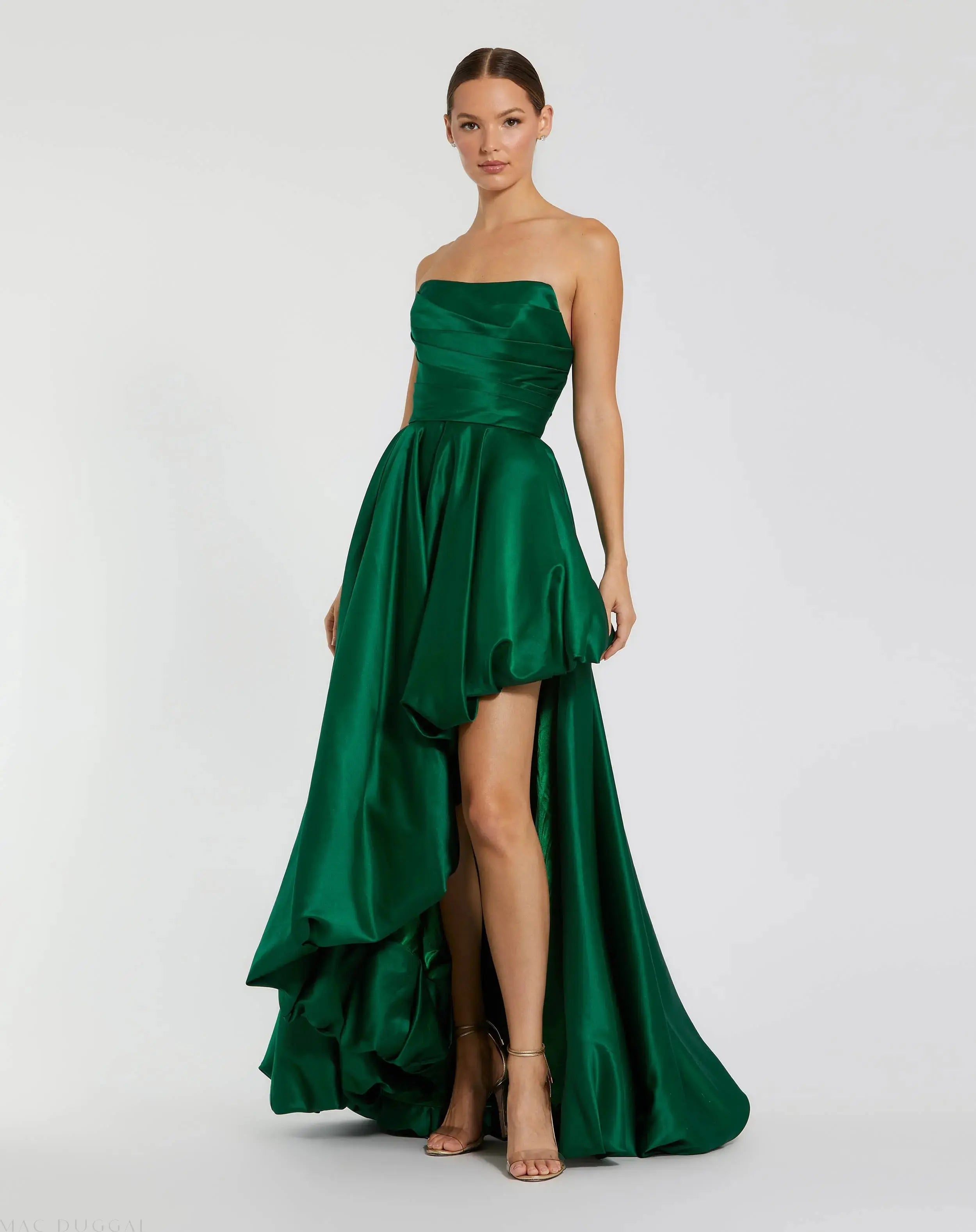 Green Strapless Ruched High Low Gown - Mac Duggal Green Strapless Ruched High Low Gown - Mac Duggal