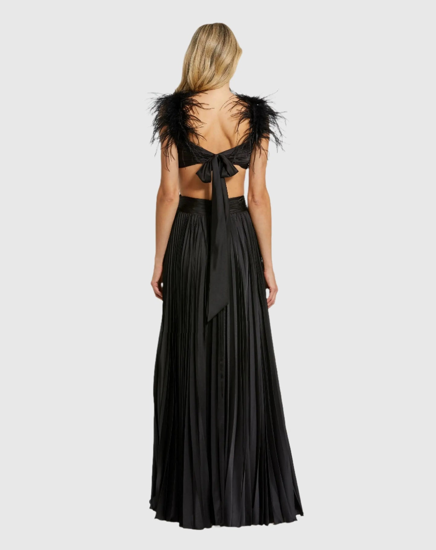Black Pleated Feather Cap Sleeve Open Back Gown - Mac Duggal