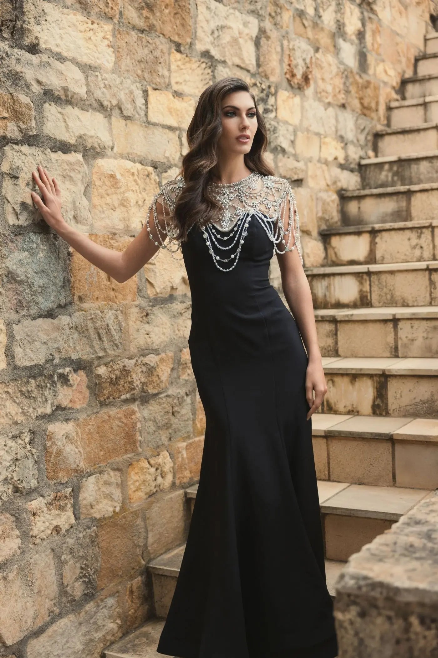 Black Draped Pearl Beaded Mermaid Gown - Mac Duggal