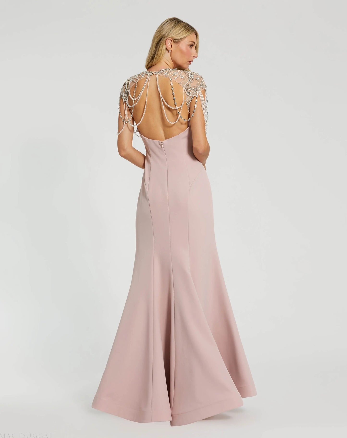 Pink Draped Pearl Beaded Mermaid Gown - Mac Duggal