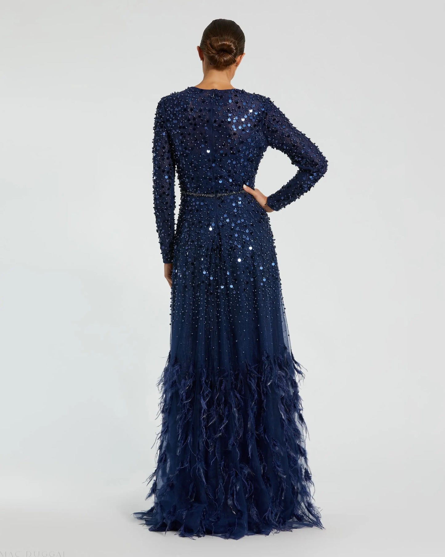 Navy Disc Embellished Sequin Gown with Feather Detail - Mac Duggal