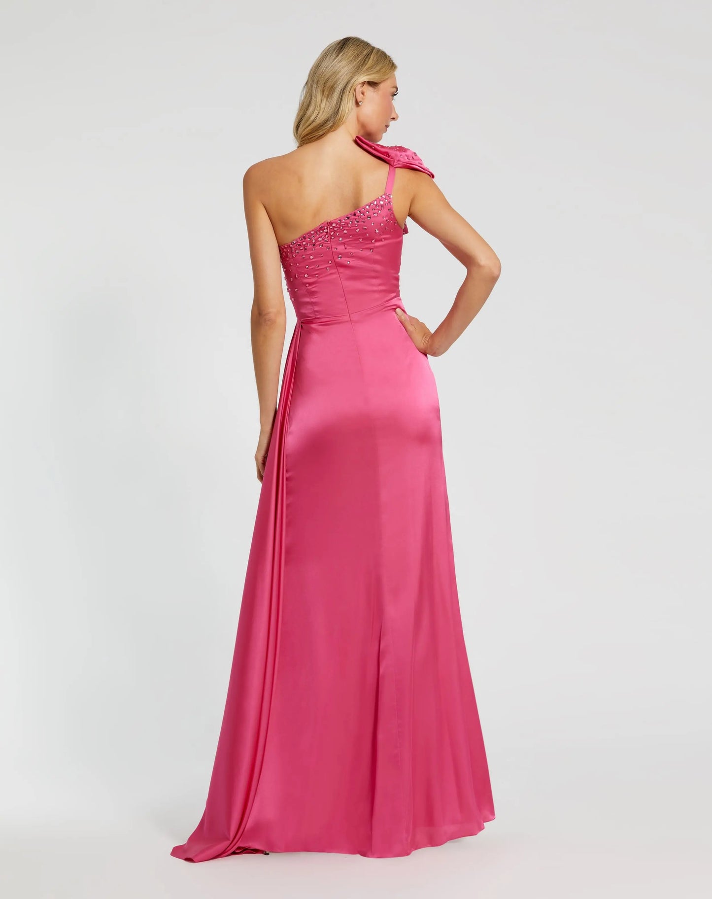 Pink Satin One Shoulder Gown w/ Embellished Bow - Mac Duggal