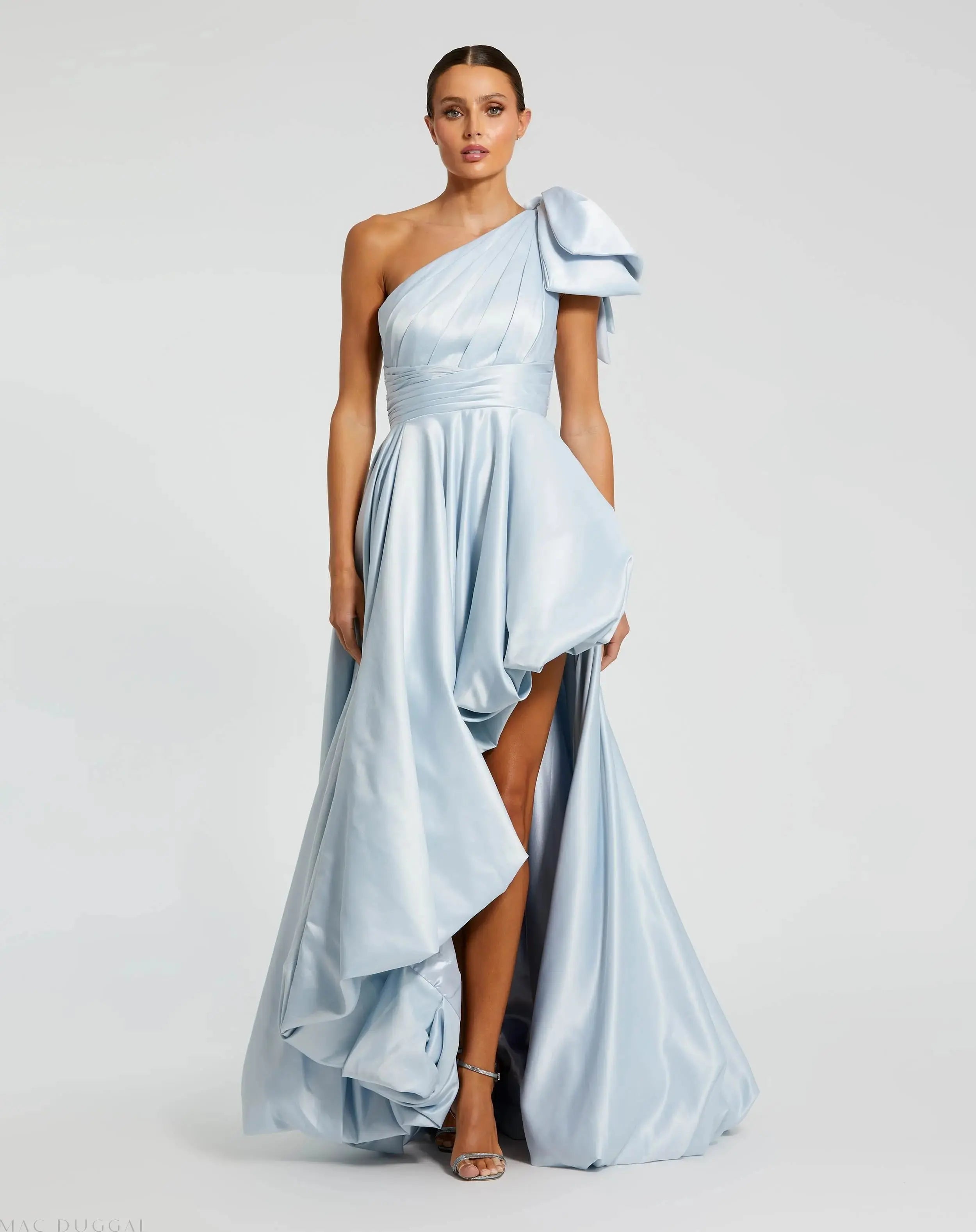 Blue Satin One Shoulder Bow Gown With High-Low Hem