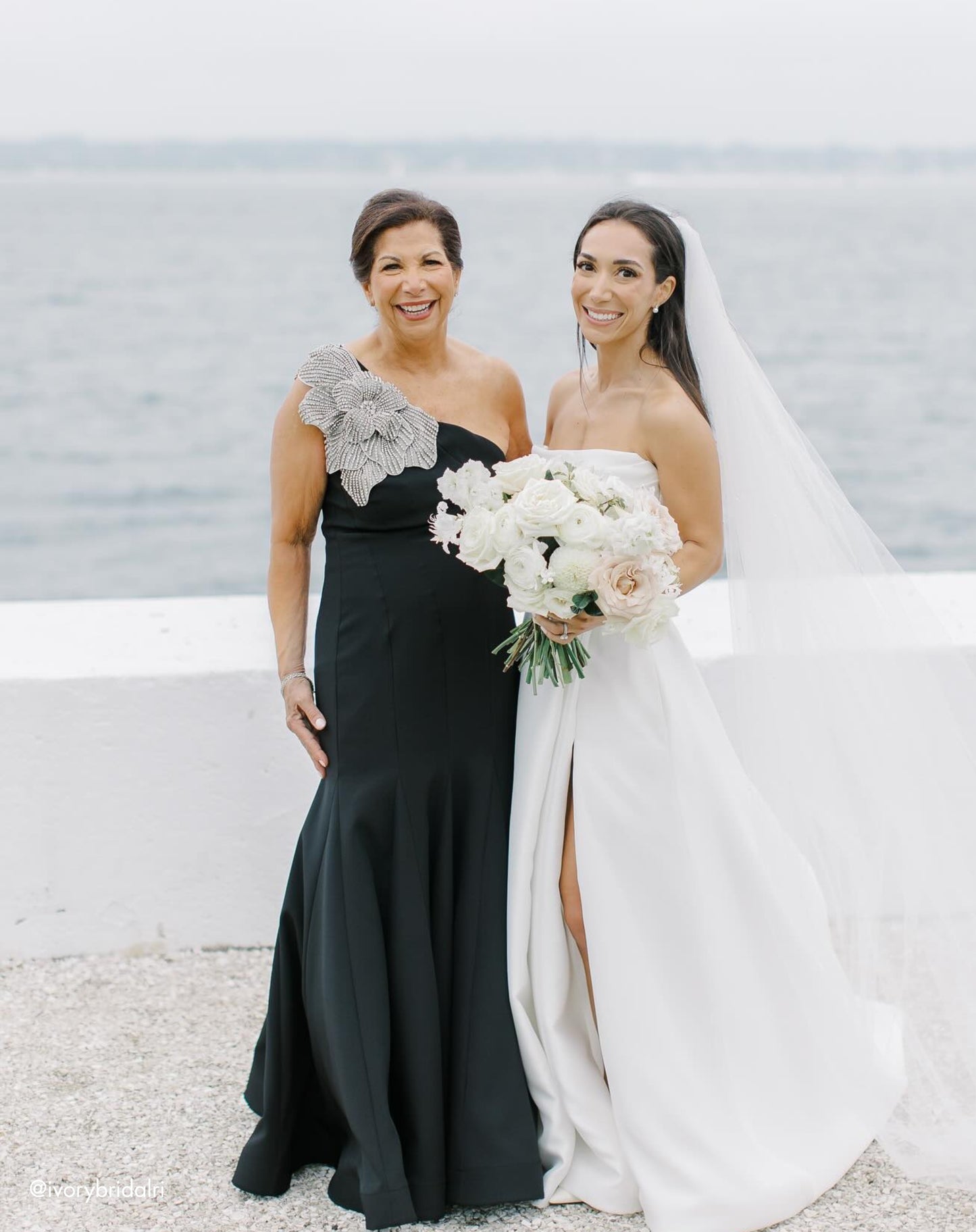 Black Crepe One Shoulder Mother of the Bride Gown With Crystal Flower - Mac Duggal