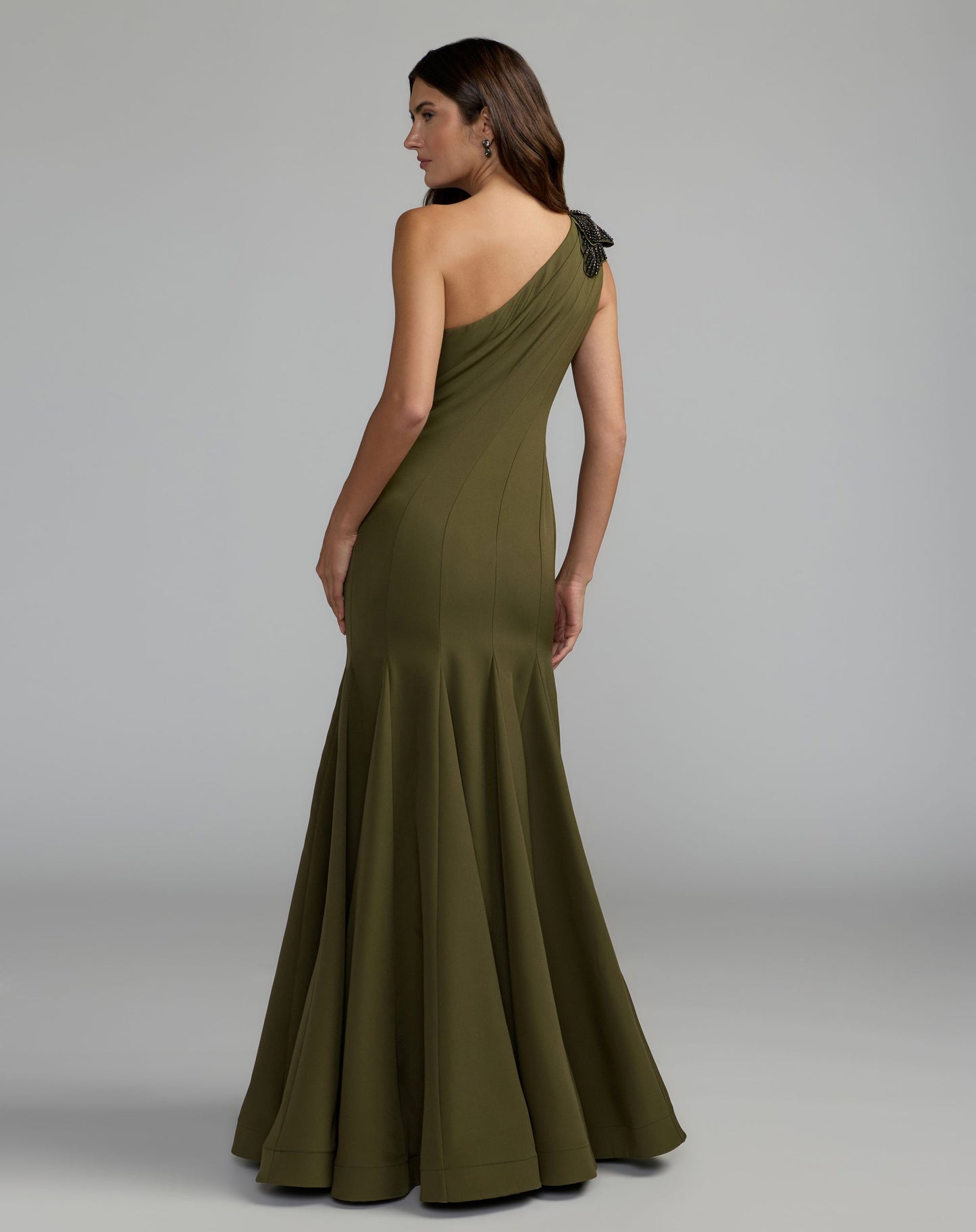 Green Crepe One Shoulder Gown With Crystal Flower - Mac Duggal