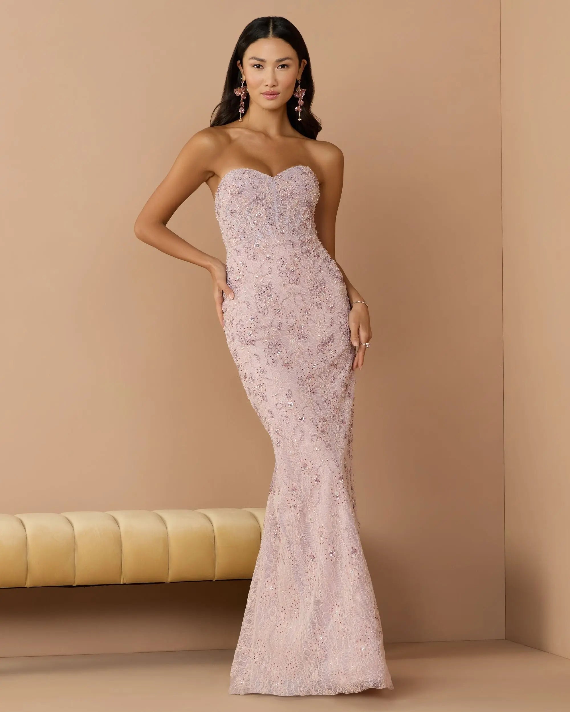 Pink Embellished Strapless Bustier Gown With Sweeping Train Pink Embellished Strapless Bustier Gown With Sweeping Train