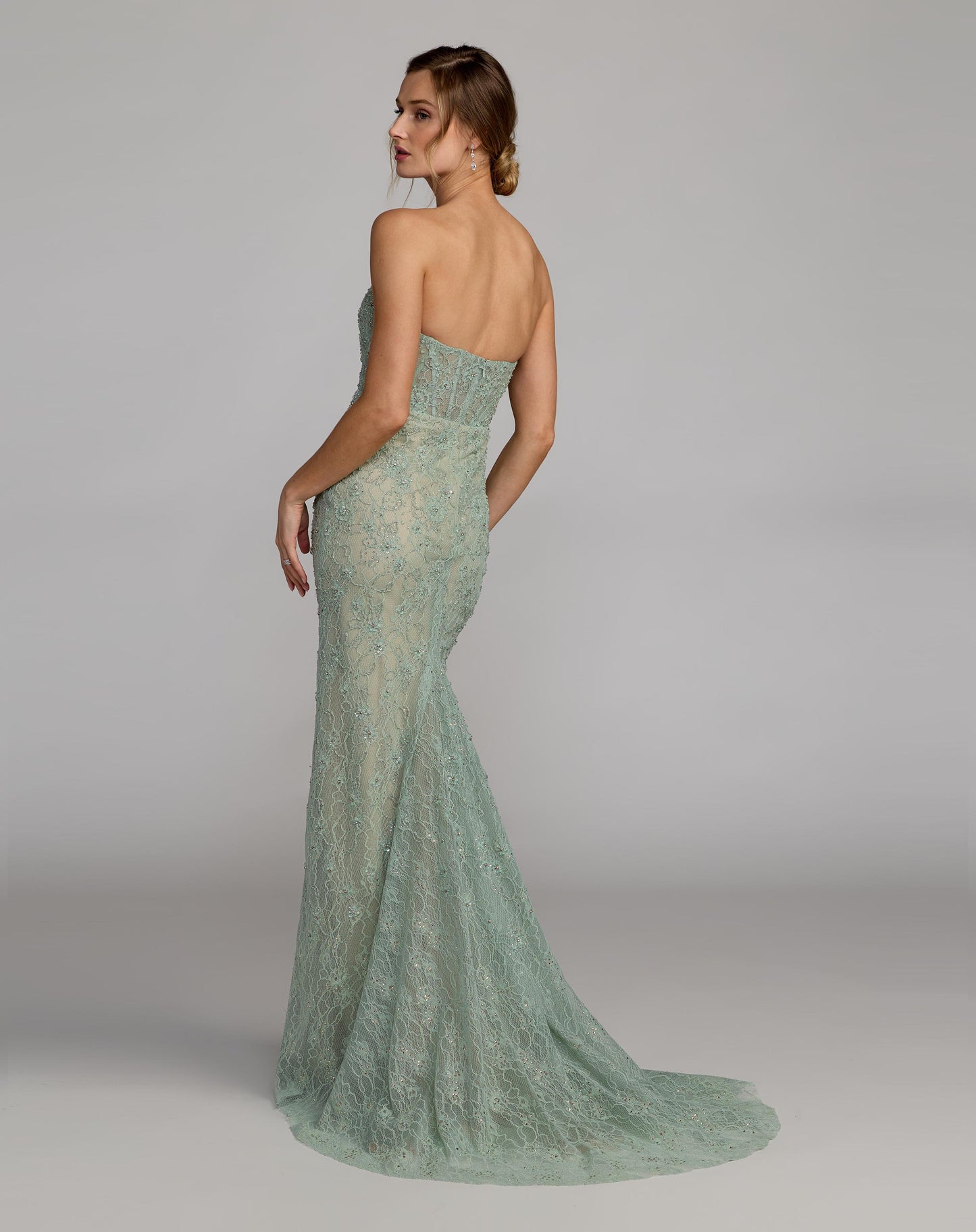 Green Embellished Strapless Bustier Gown With Sweeping Train Mac Duggal