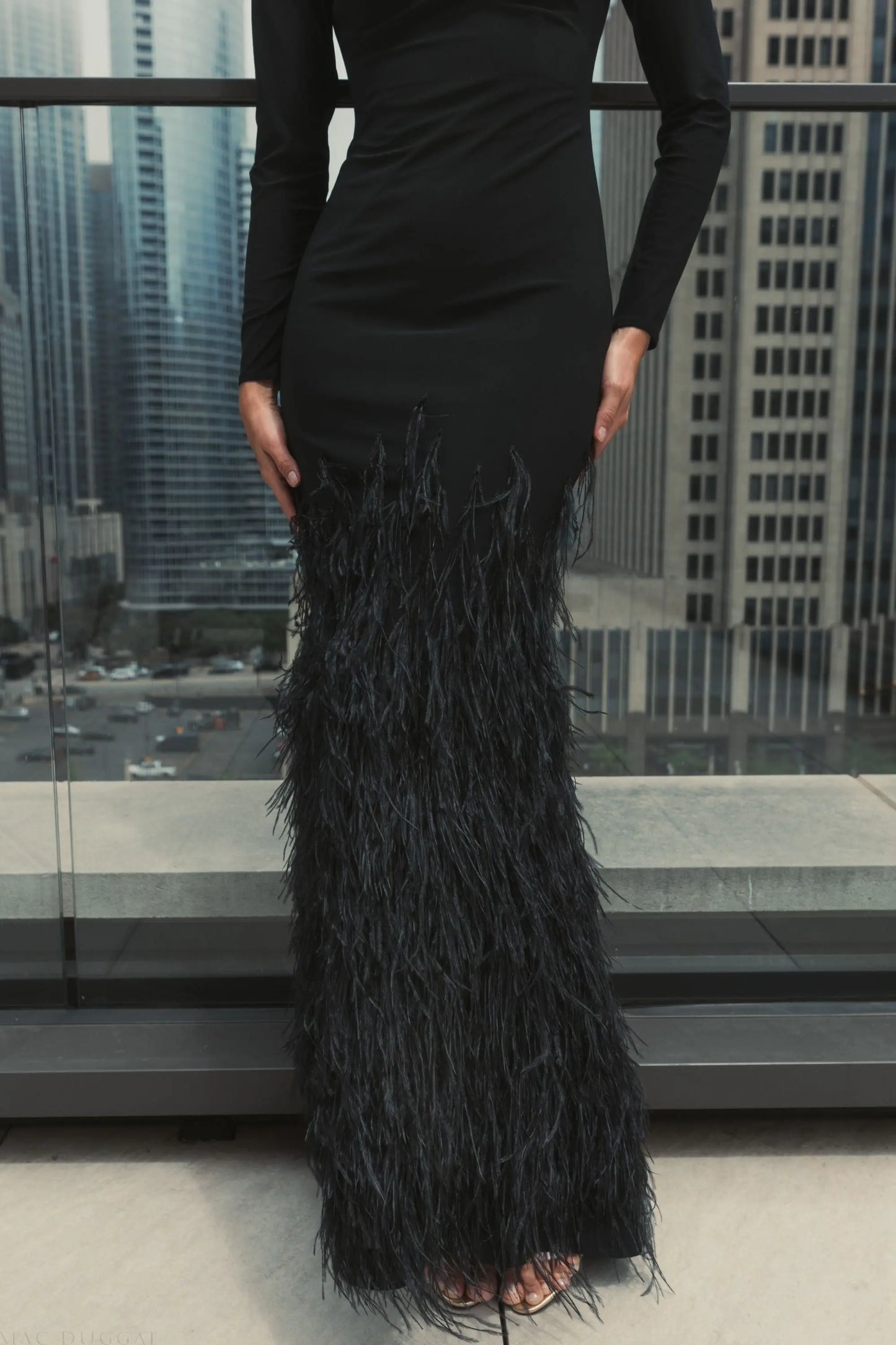 Black Jersey Long Sleeve High Neck Feather Gown - Mac Duggal