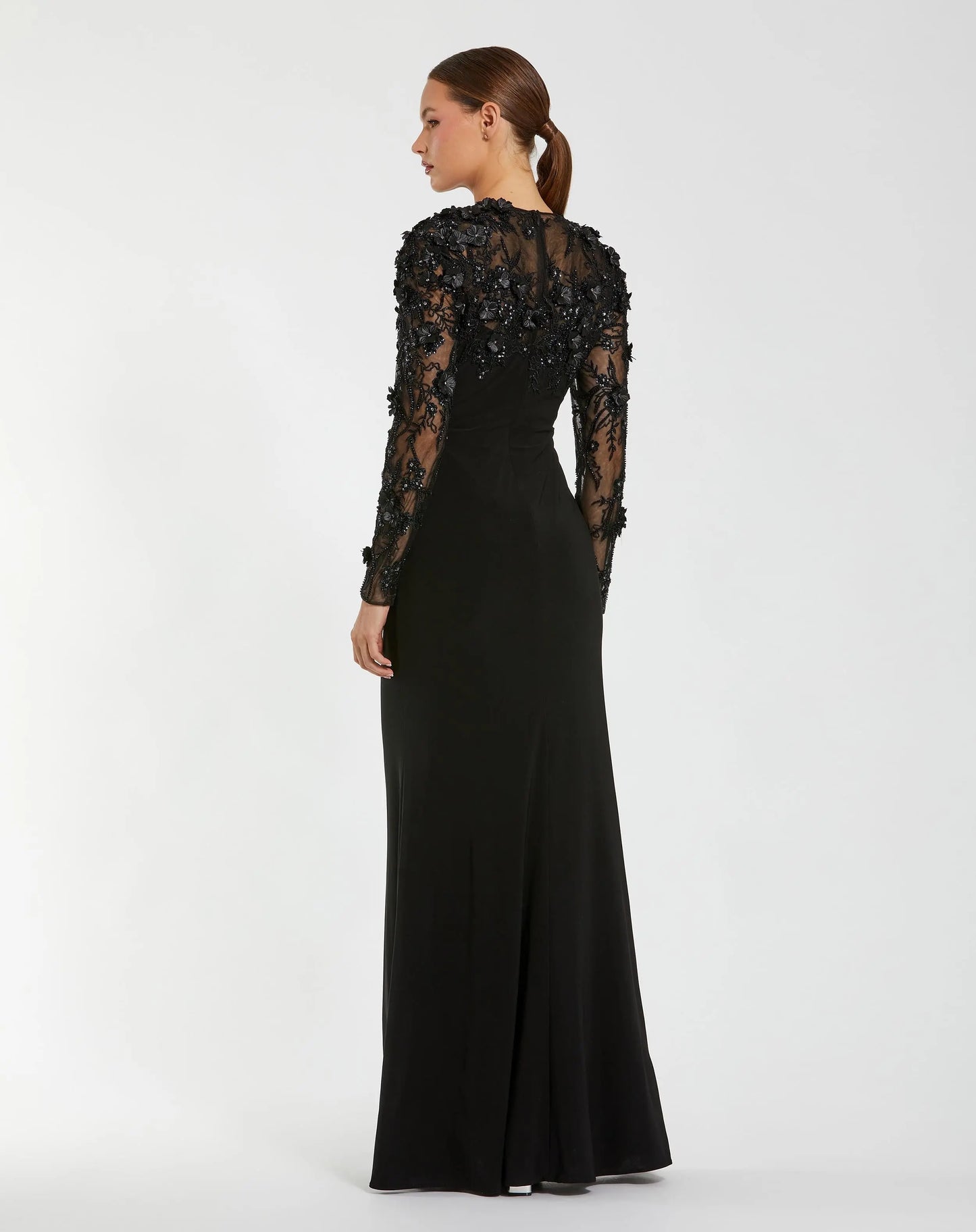 Black Jersey Long Sleeve Column Gown with Floral Embellishments - Mac Duggal