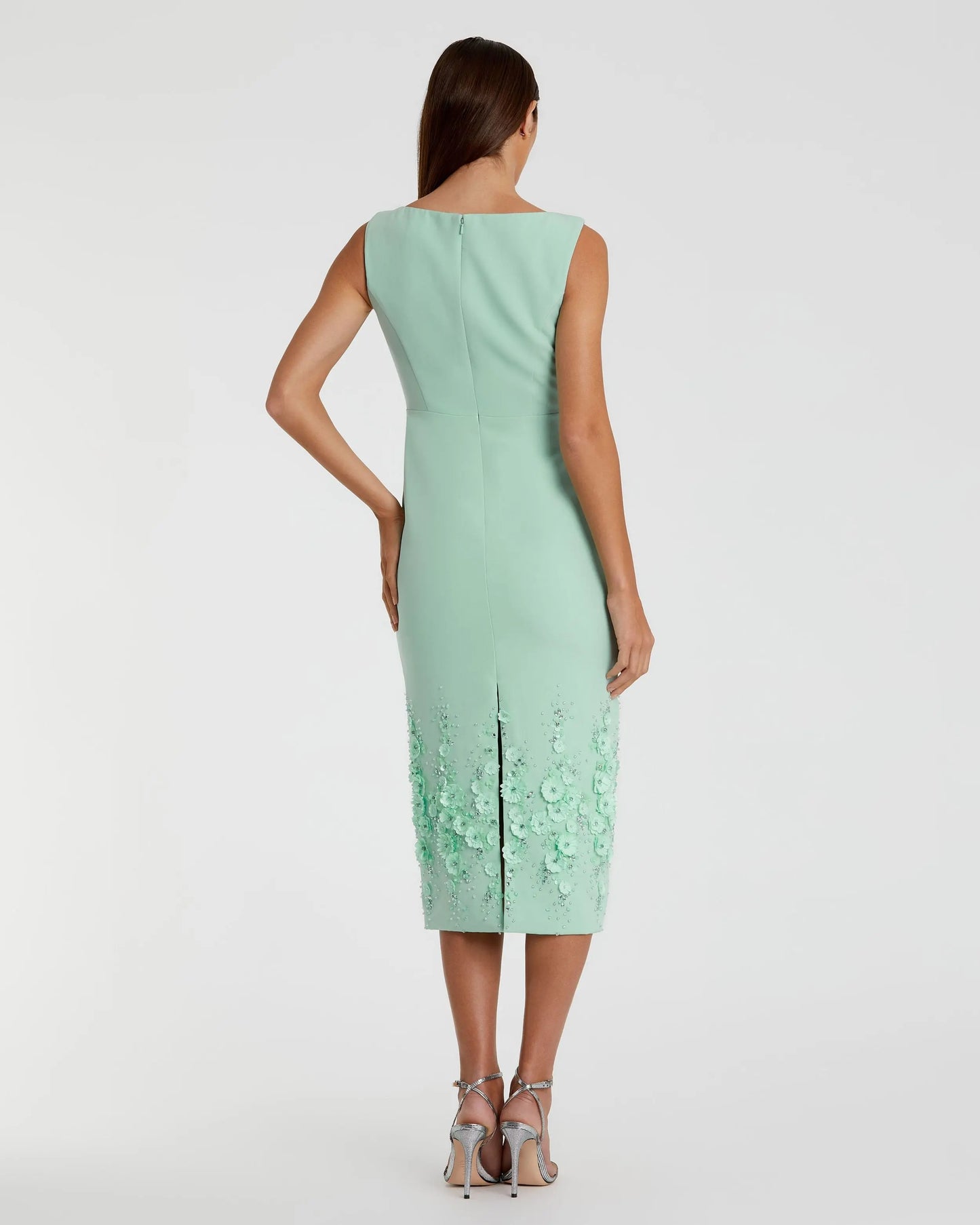 Green Crepe Sleeveless Midi Dress With Flower Beading Mac Duggal
