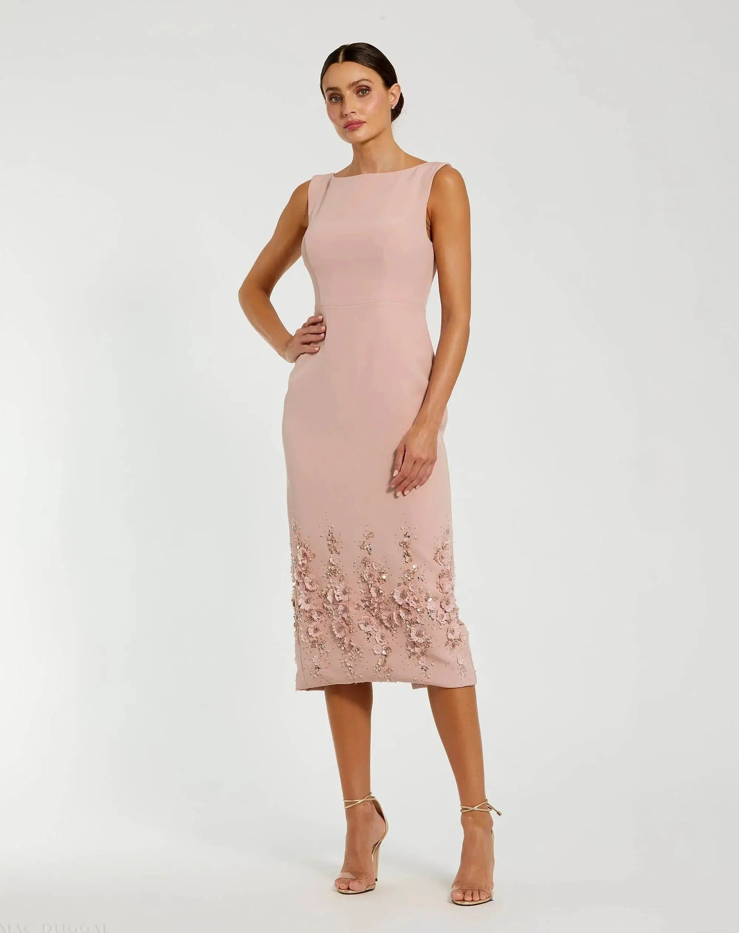 Pink Crepe Sleeveless Midi Dress With Flower Beading - Mac Duggal