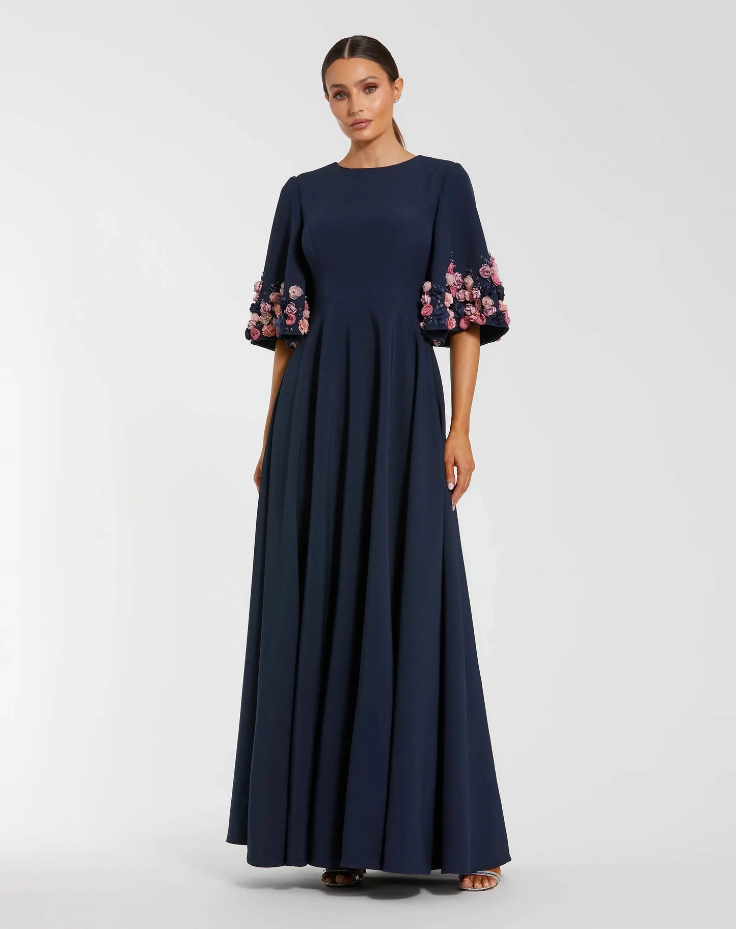 Navy Crepe 3/4 Sleeve A-line Gown With Flower Trim - Mac Duggal
