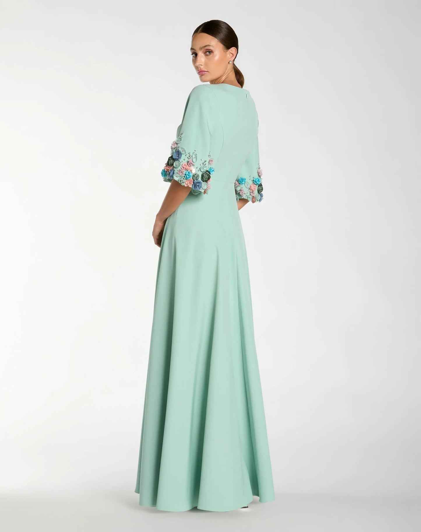 Green Crepe 3/4 Sleeve A-line Gown With Flower Trim - Mac Duggal