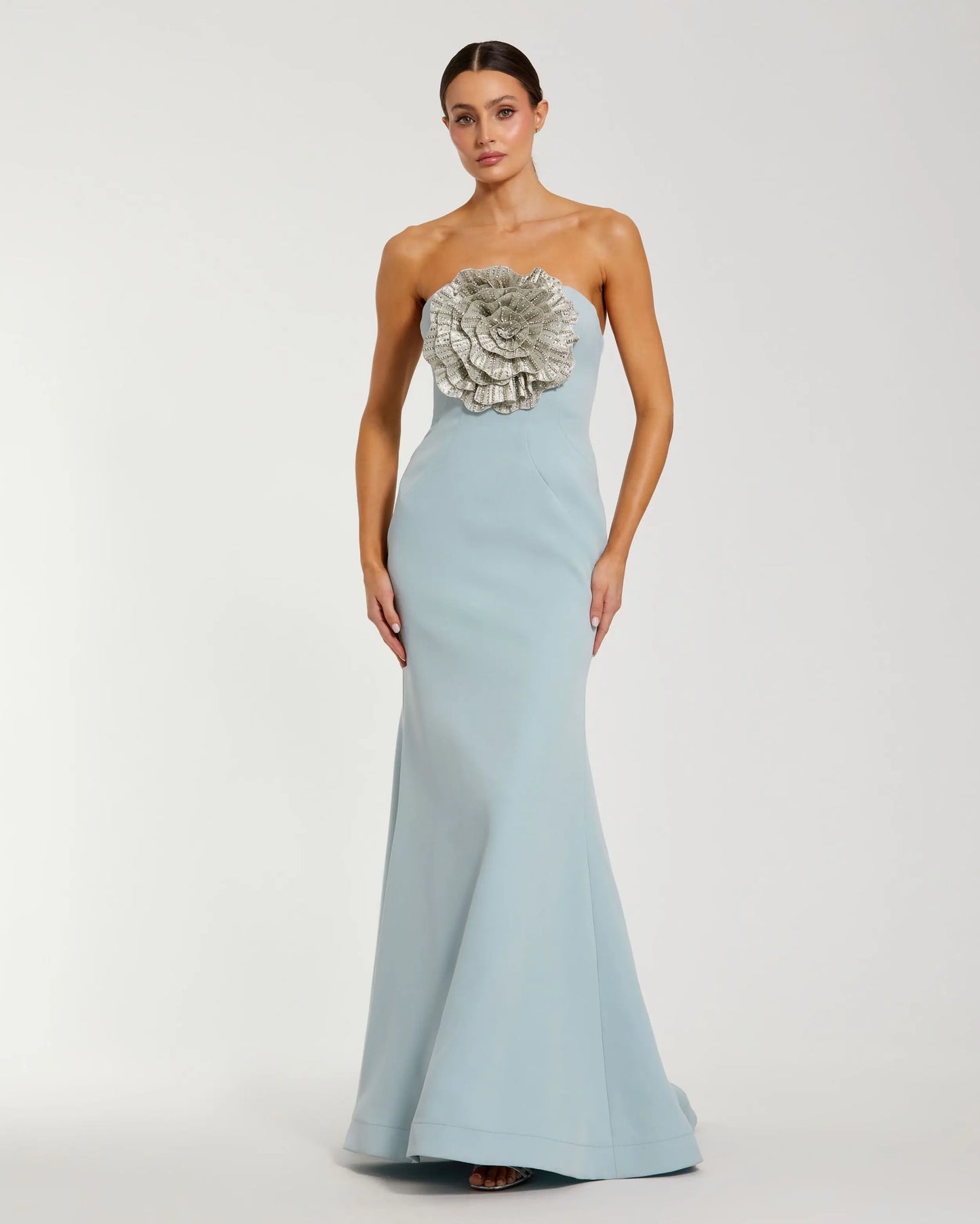 Blue Strapless Trumpet Gown with 3D Rhinestone Flower - Mac Duggal