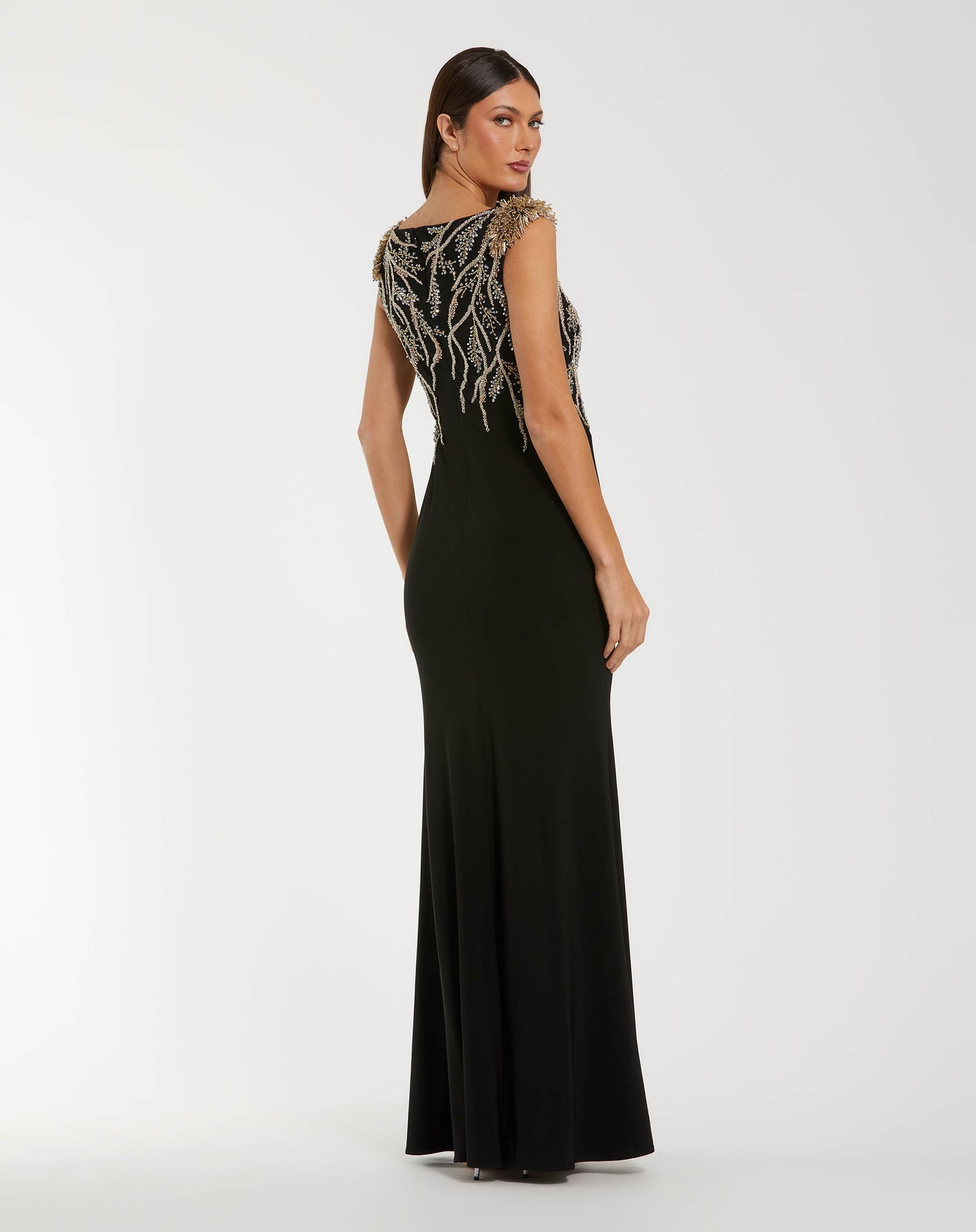 Black Hand Beaded Cap Sleeve Jersey Gown - Mac Duggal