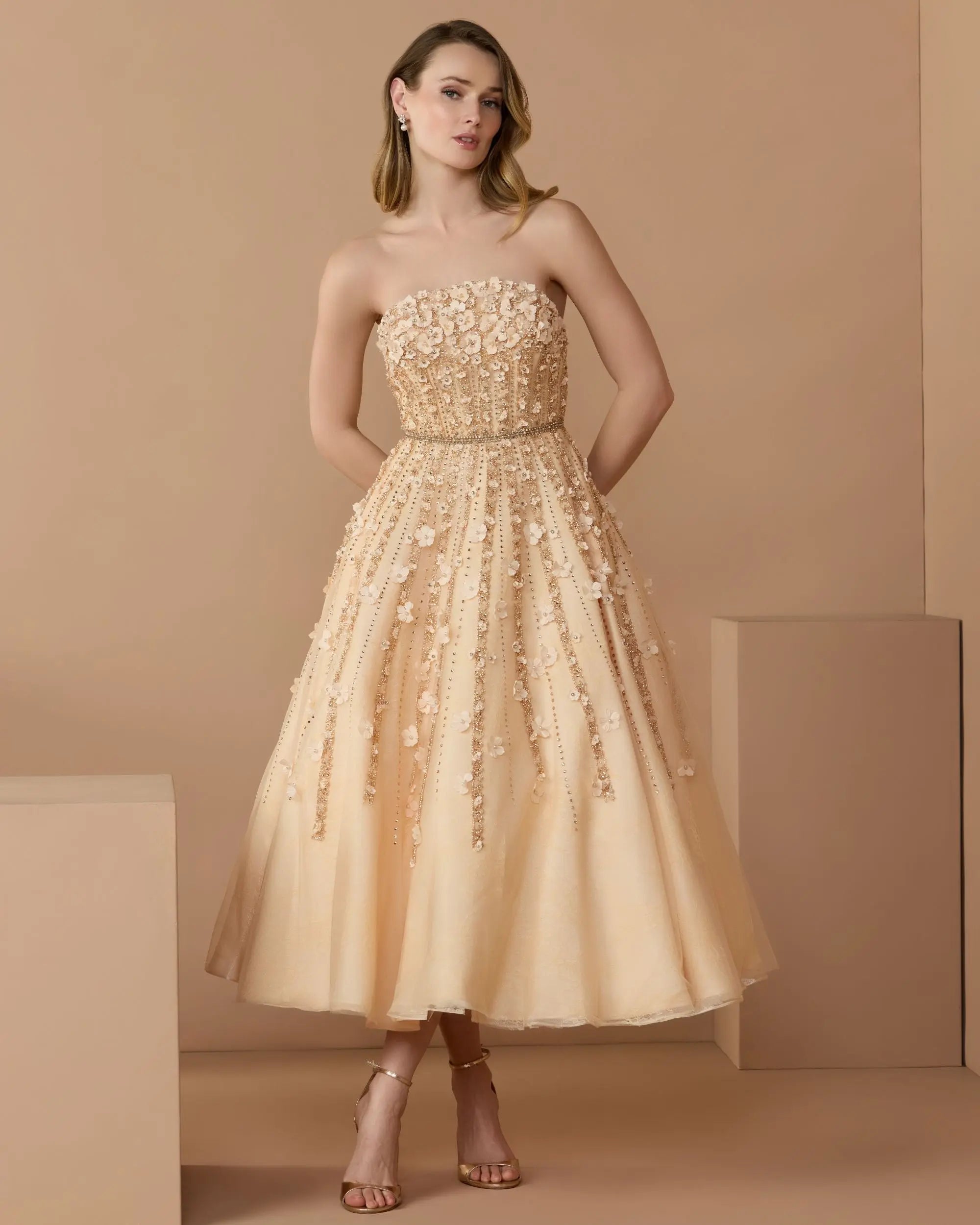 Beige Floral Embellished Strapless A-Line Midi Dress