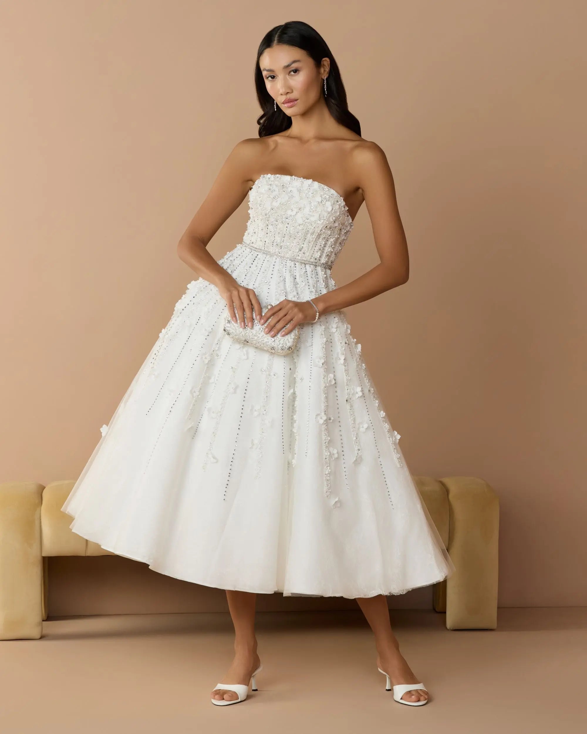 White Strapless Floral Embellished Midi Dress