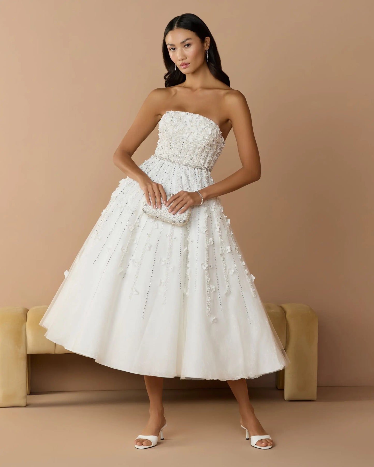 White Floral Embellished Strapless A-Line Midi Dress Mac Duggal