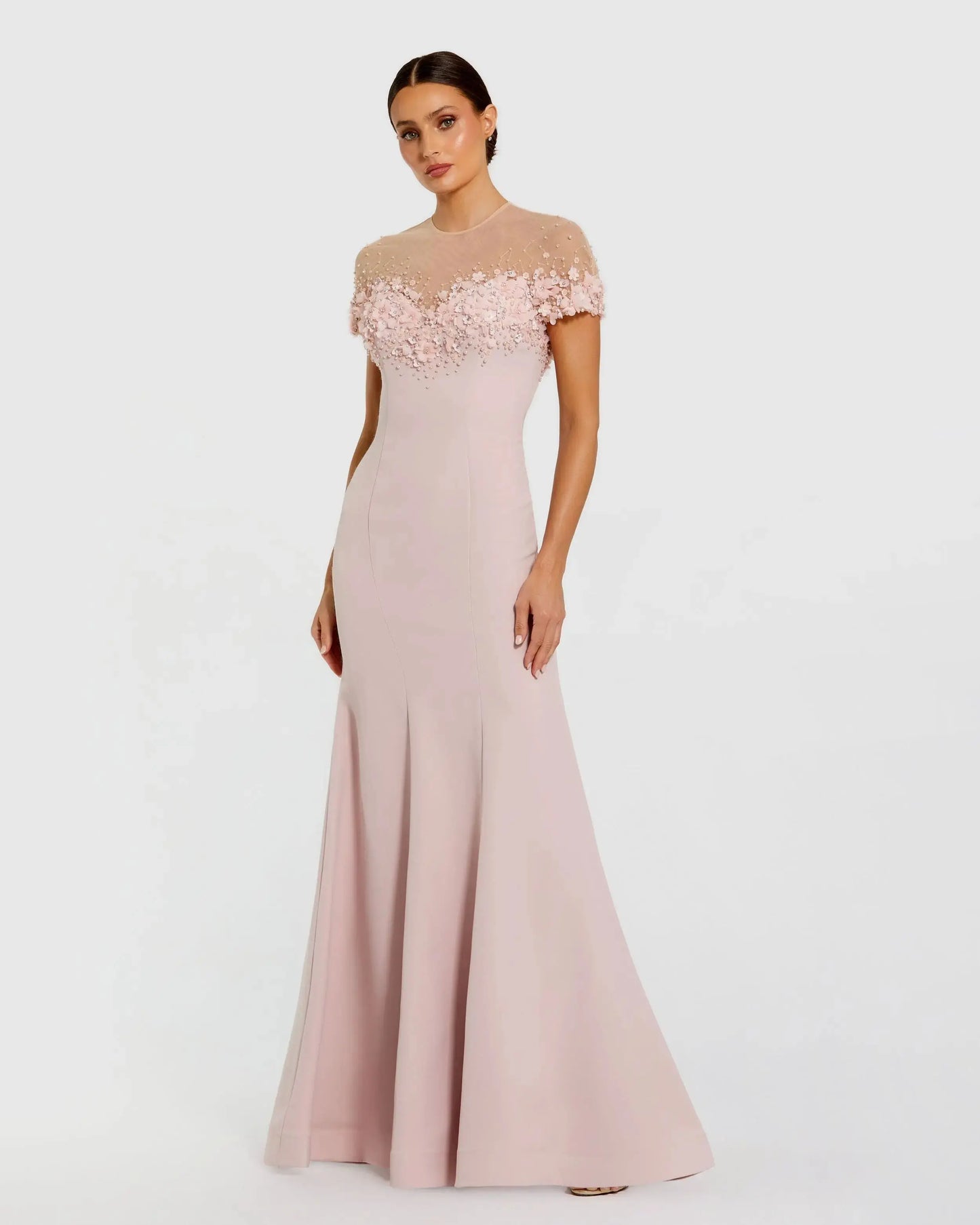 Pink Mermaid Crepe Gown With Beaded Illusion Neck Mac Duggal