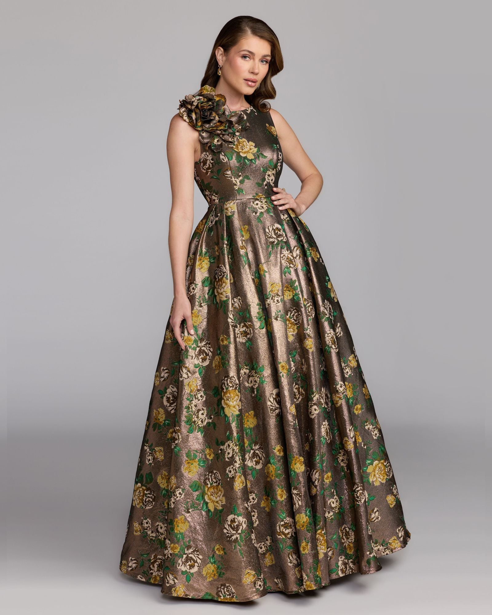 Gold Metallic Ball Gown With 3D Rosette