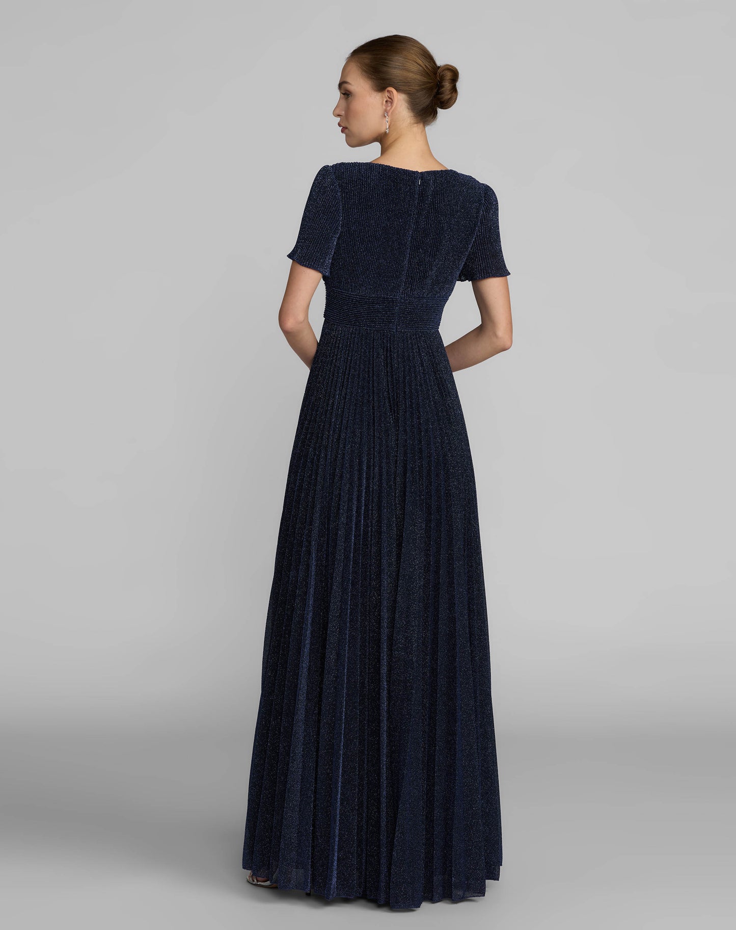 Navy Pleated Metallic Flutter Sleeve A Line Gown Ieena for Mac Duggal