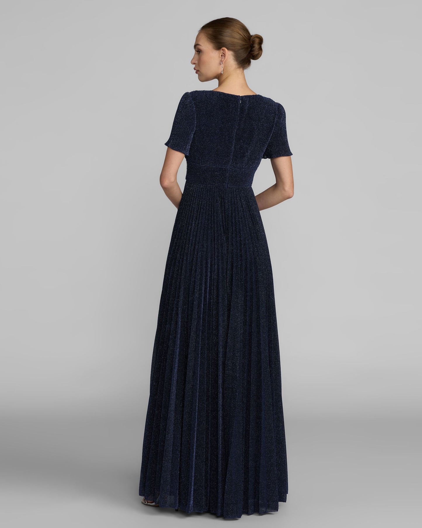 Navy Pleated Metallic Flutter Sleeve A Line Gown Ieena for Mac Duggal