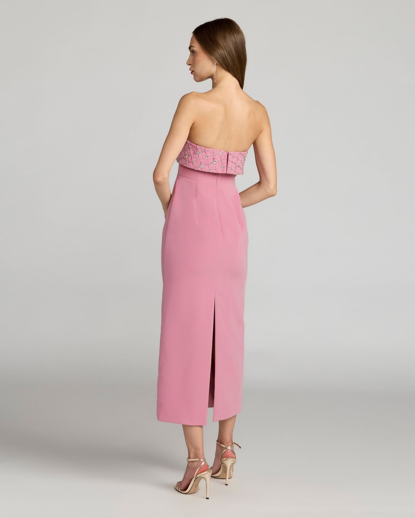 Pink Strapless Crepe Midi Dress With Rhinestone Detail Ieena for Mac Duggal