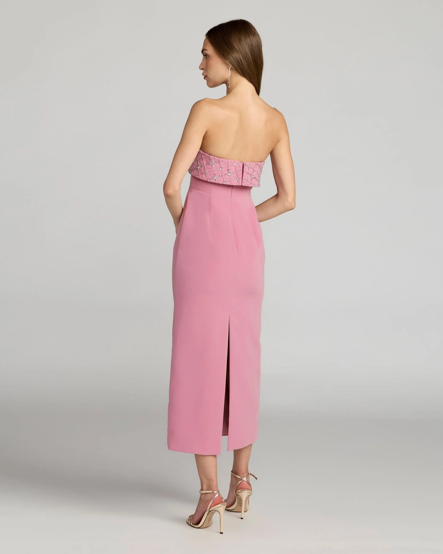 Pink Strapless Crepe Midi Dress With Rhinestone Detail Ieena for Mac Duggal