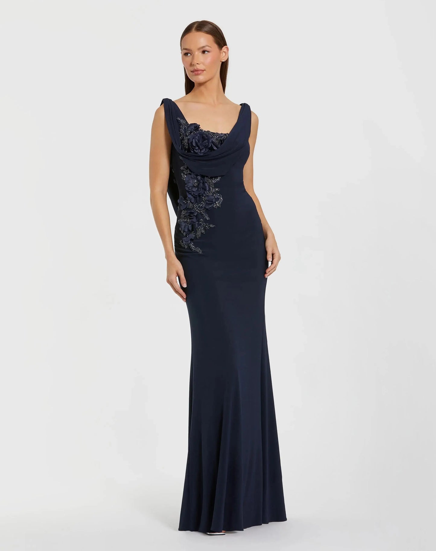 Navy Sleeveless Jersey Cowl Neck Gown With Beading - Mac Duggal