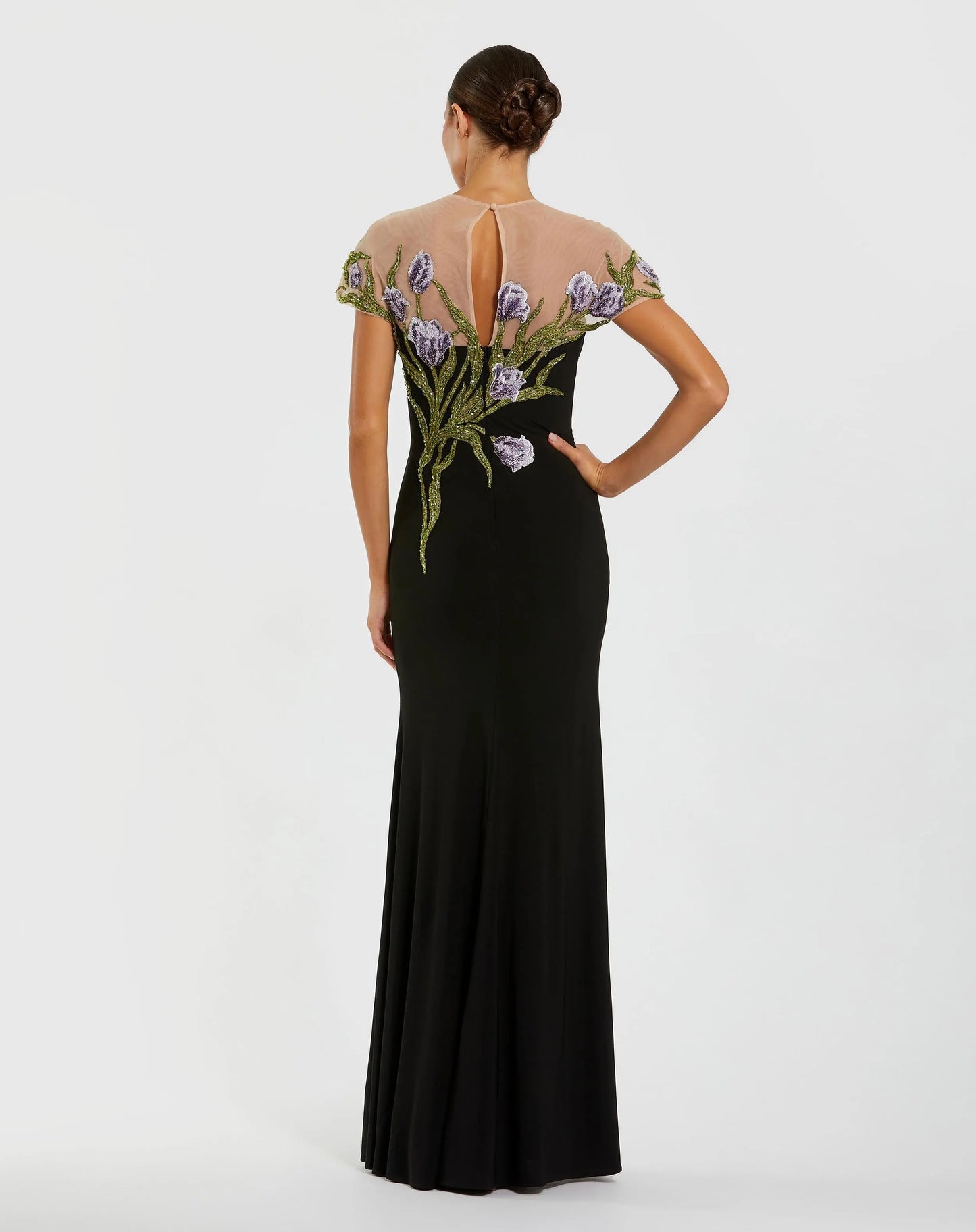 Black High Neck Floral Embroidered Jersey Gown - Mac Duggal