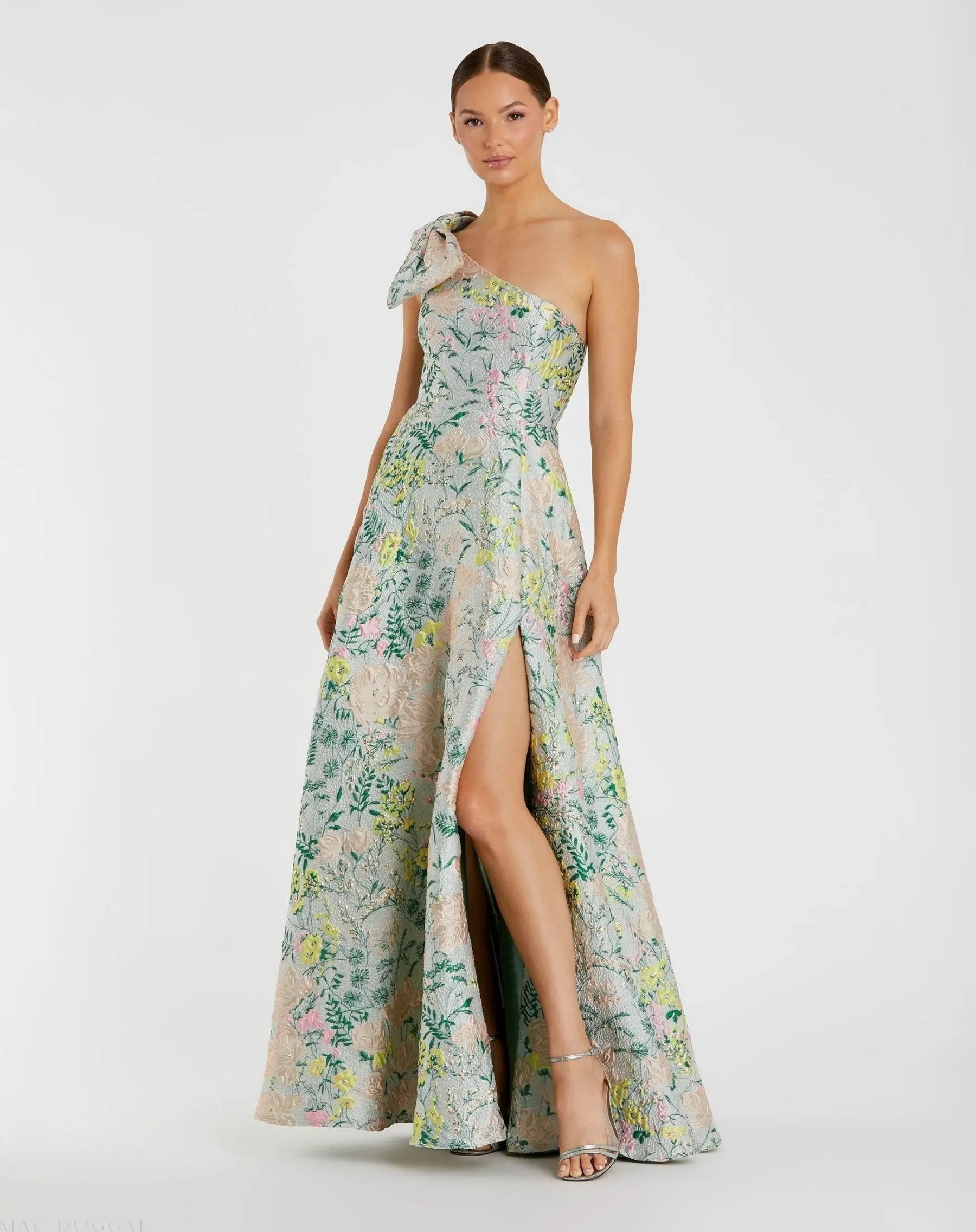 Multicolor One Shoulder Brocade Floral Gown With Bow | Mac Duggal Multicolor One Shoulder Brocade Floral Gown With Bow | Mac Duggal