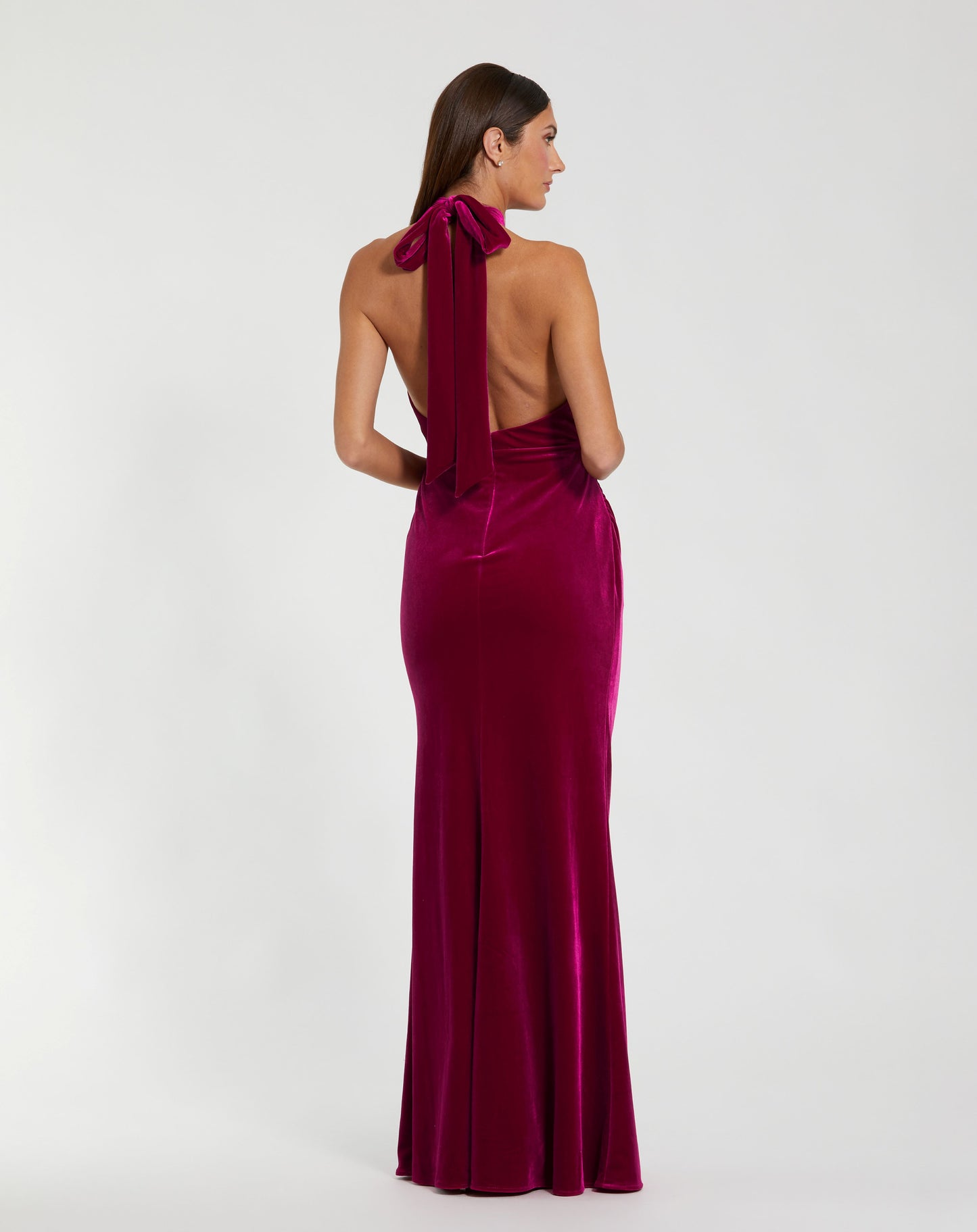Berry Twist Neck Open Front Velvet Draped Gown - Ieena for Mac Duggal