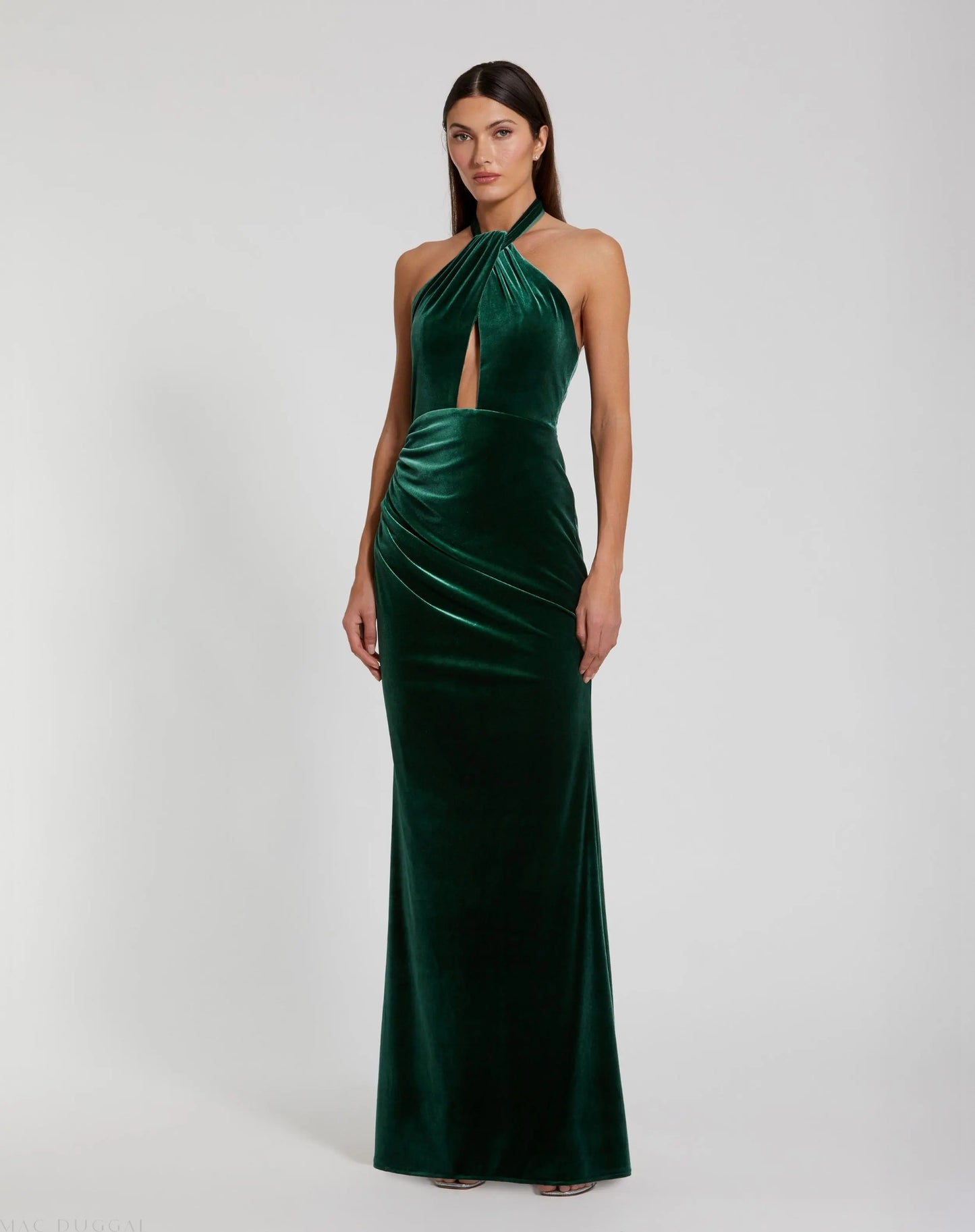 Green Twist Neck Open Front Velvet Draped Gown - Ieena for Mac Duggal