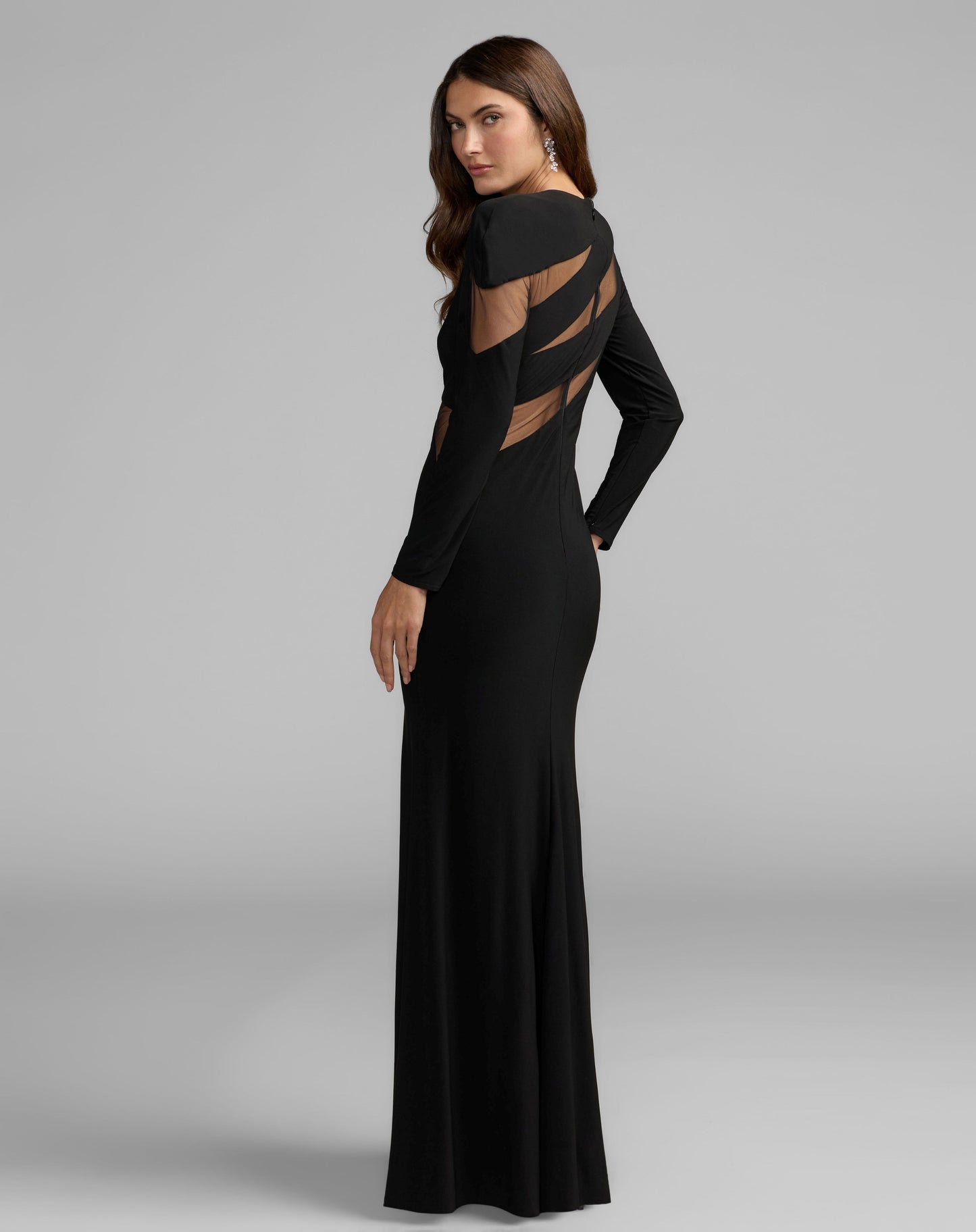 Black Jersey Long Sleeve Illusion Cut Out Gown - Ieena for Mac Duggal