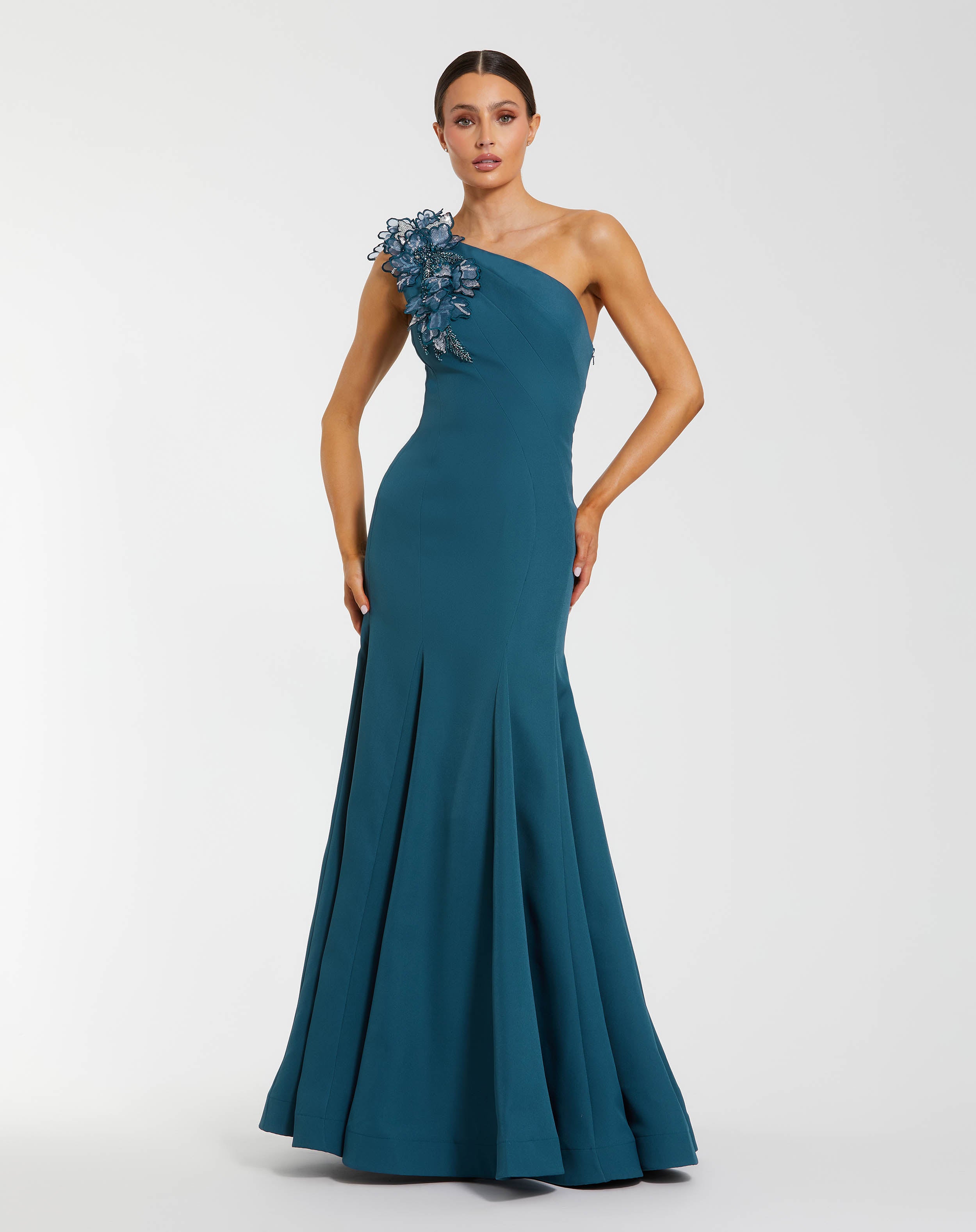 Blue One Shoulder Mermaid Gown with 3D Flowers | Mac Duggal