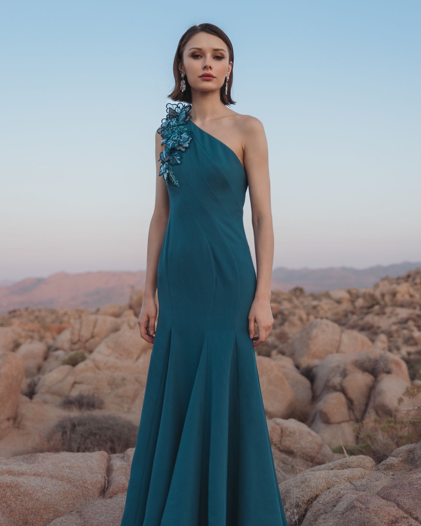 Blue Crepe One Shoulder Evening Gown With 3D Flower Details - Mac Duggal