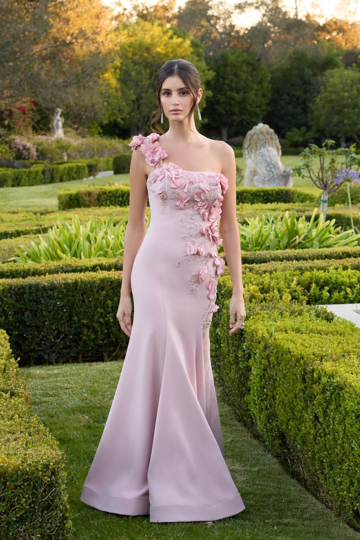Pink One Shoulder Floral Embellished Mermaid Gown - Mac Duggal
