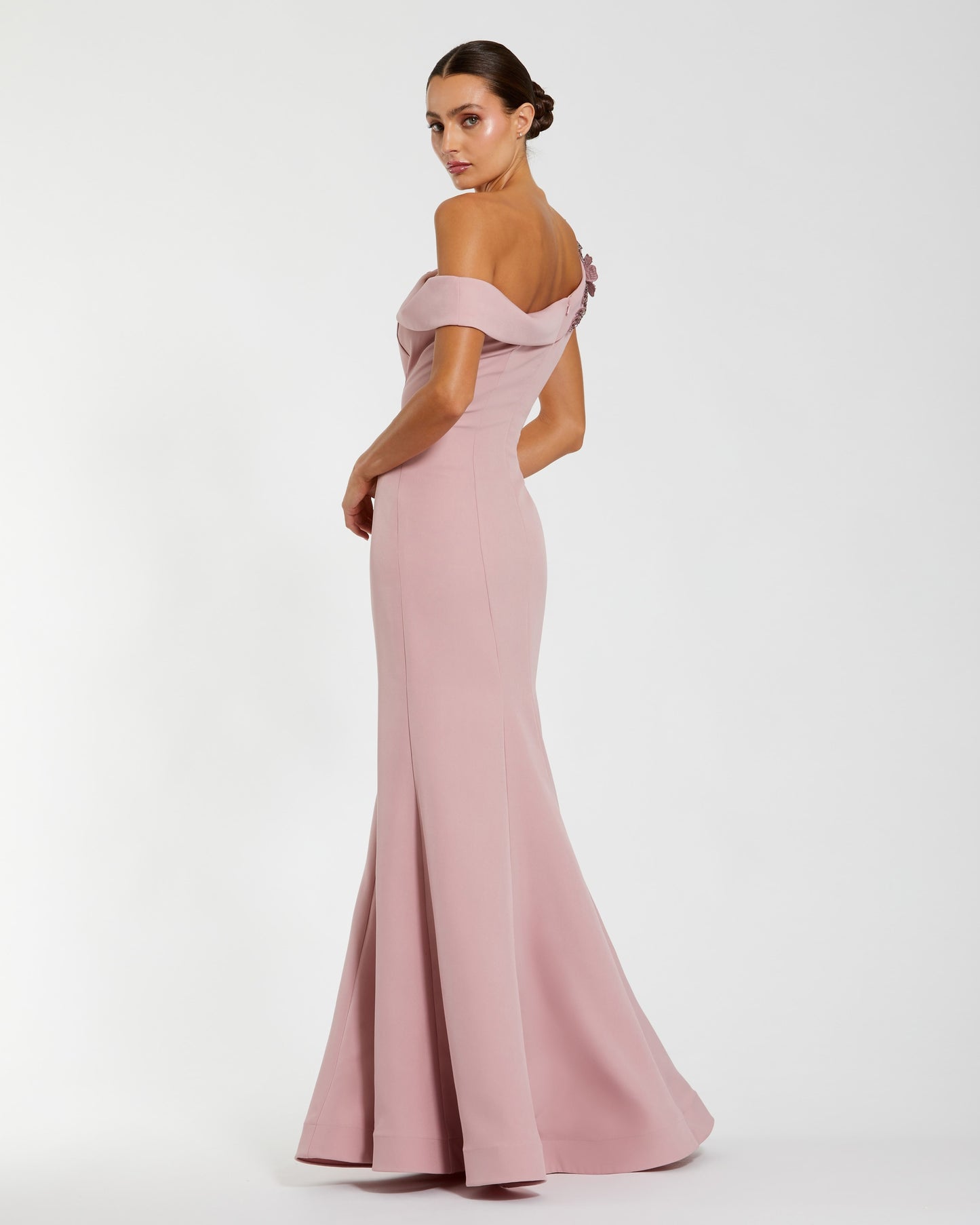 Pink Off The Shoulder Beaded Mermaid Gown
