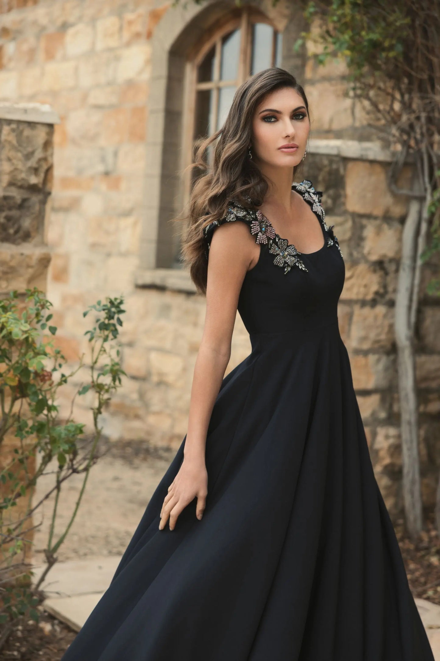 Black Crepe Sleeveless Ballgown With Rhinestone Flowers - Ieena for Mac Duggal