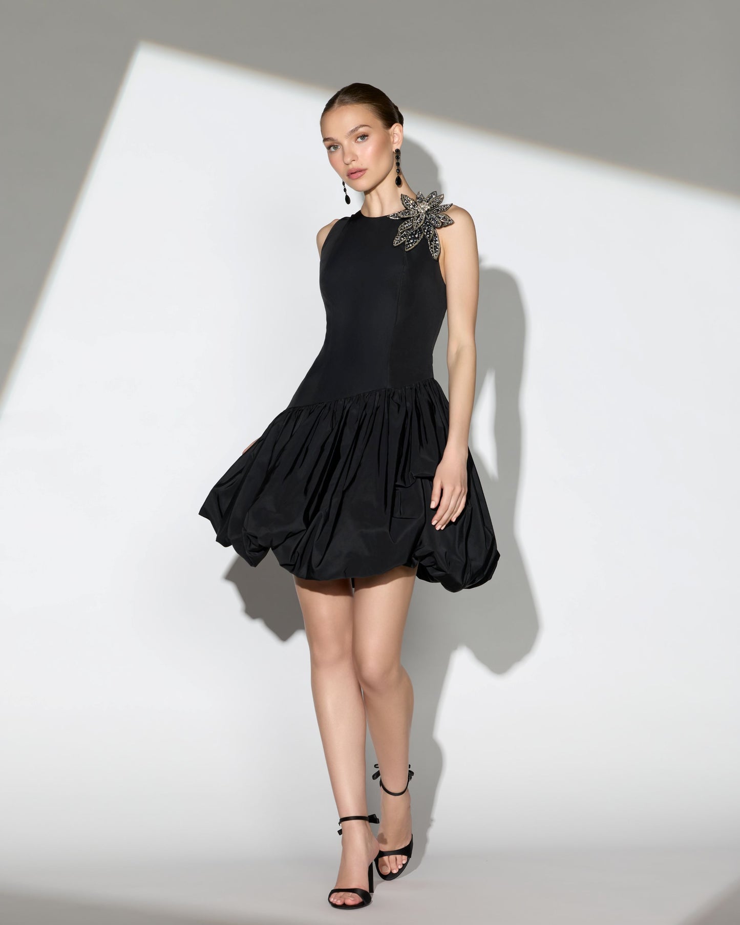 Black Bubble Hem Mini Dress with Hand Beaded Flower - Ieena for Mac Duggal
