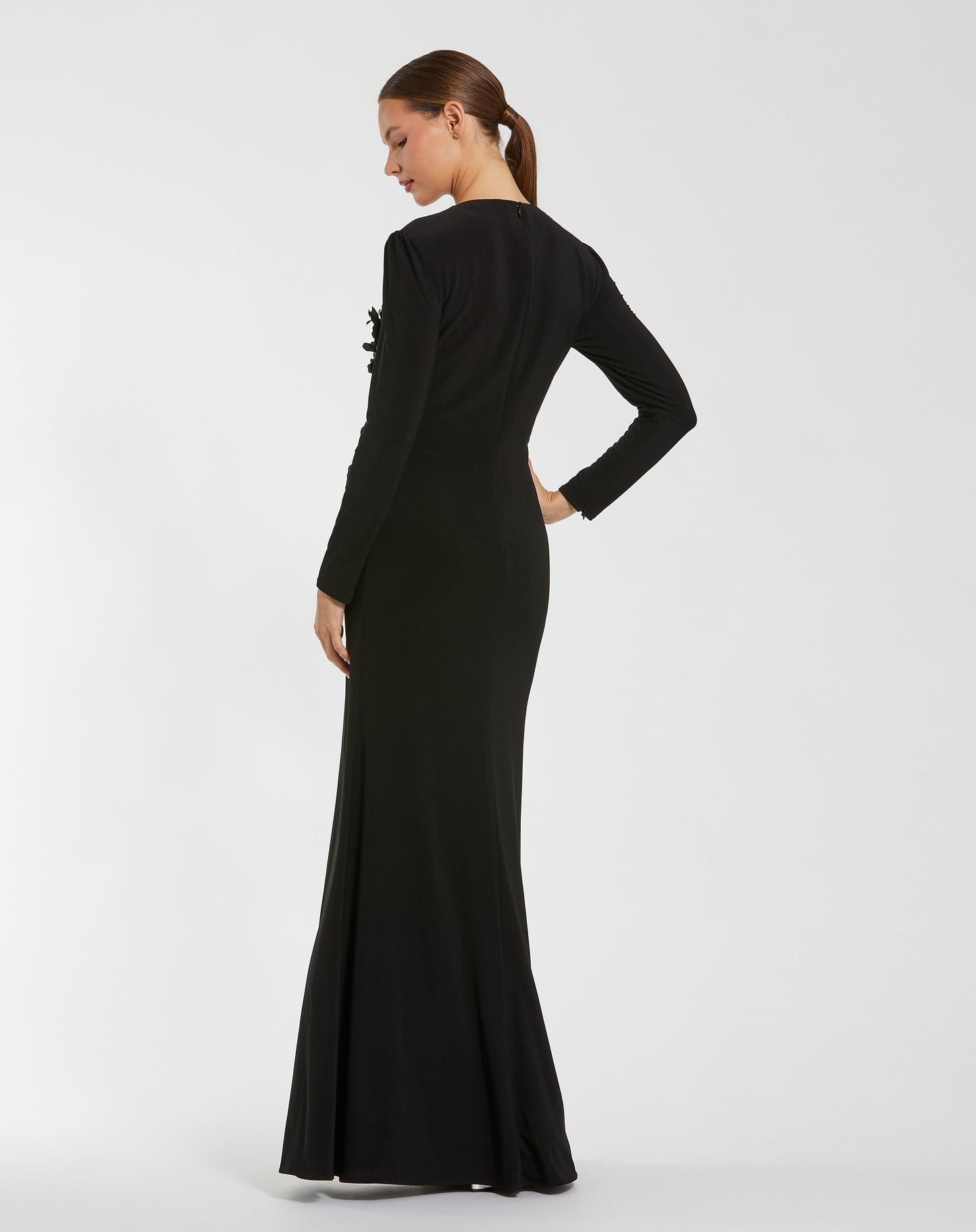 Long Sleeve High Neck Floral Beaded Jersey Gown - Mac Duggal