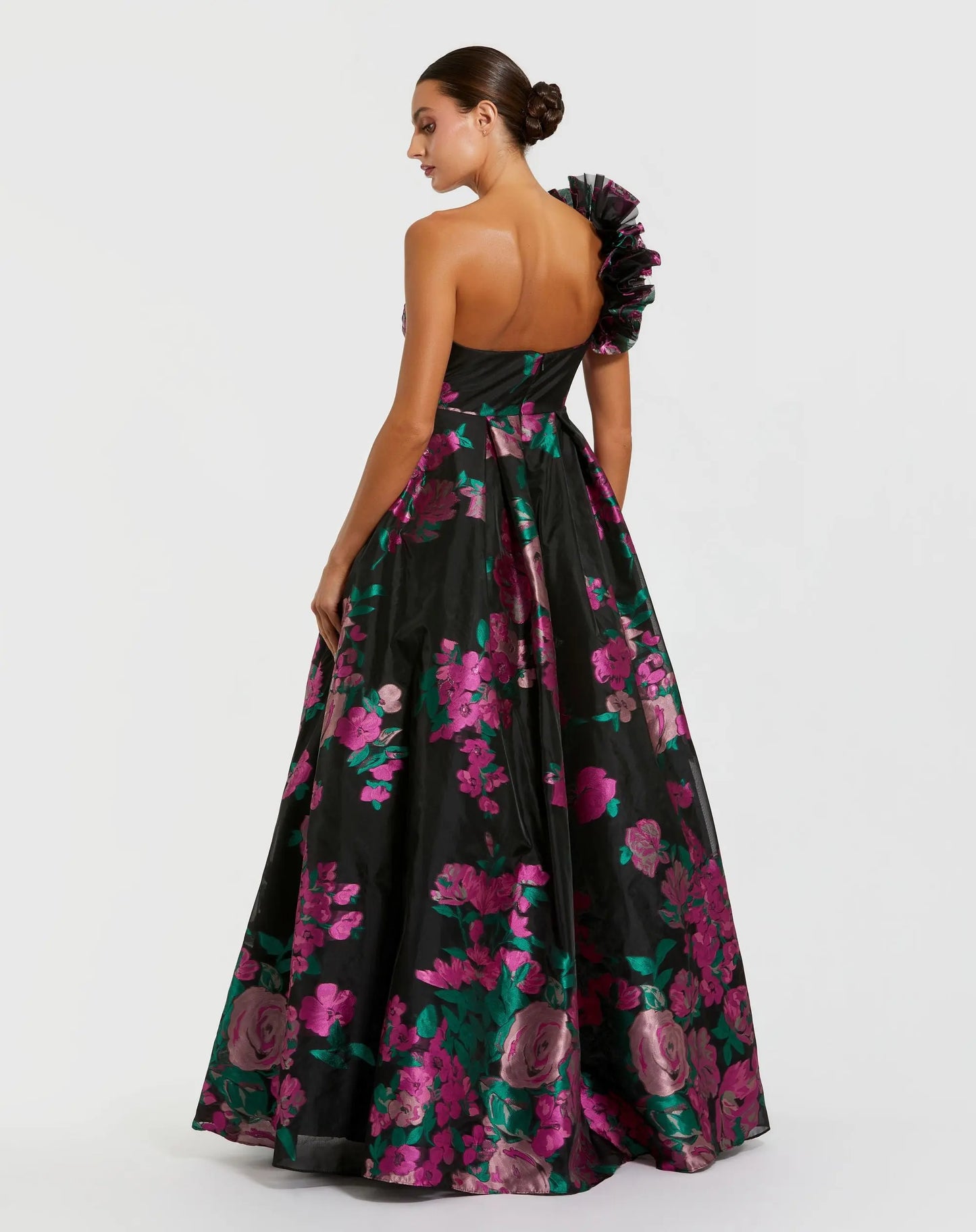 Black One Shoulder Floral Brocade Ball Gown - Mac Duggal